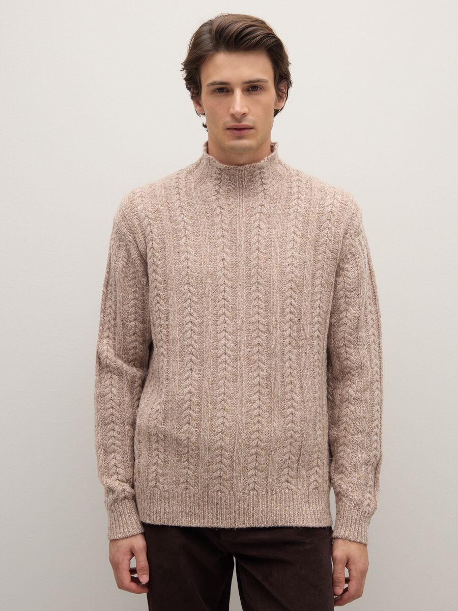 Beige braided pullover with high neck in wool blend regular fit_1