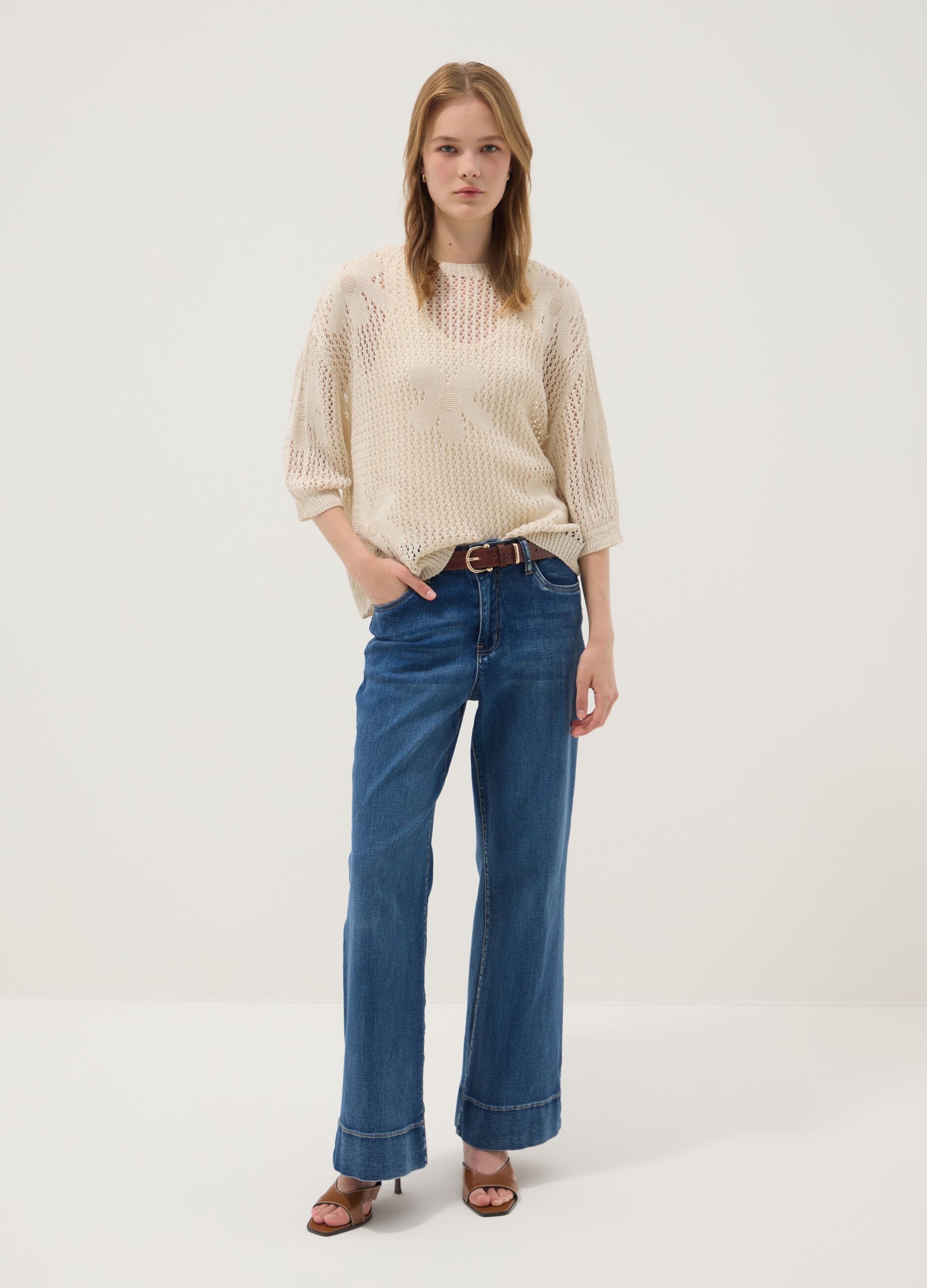 Beige open-knit floral regular-fit top