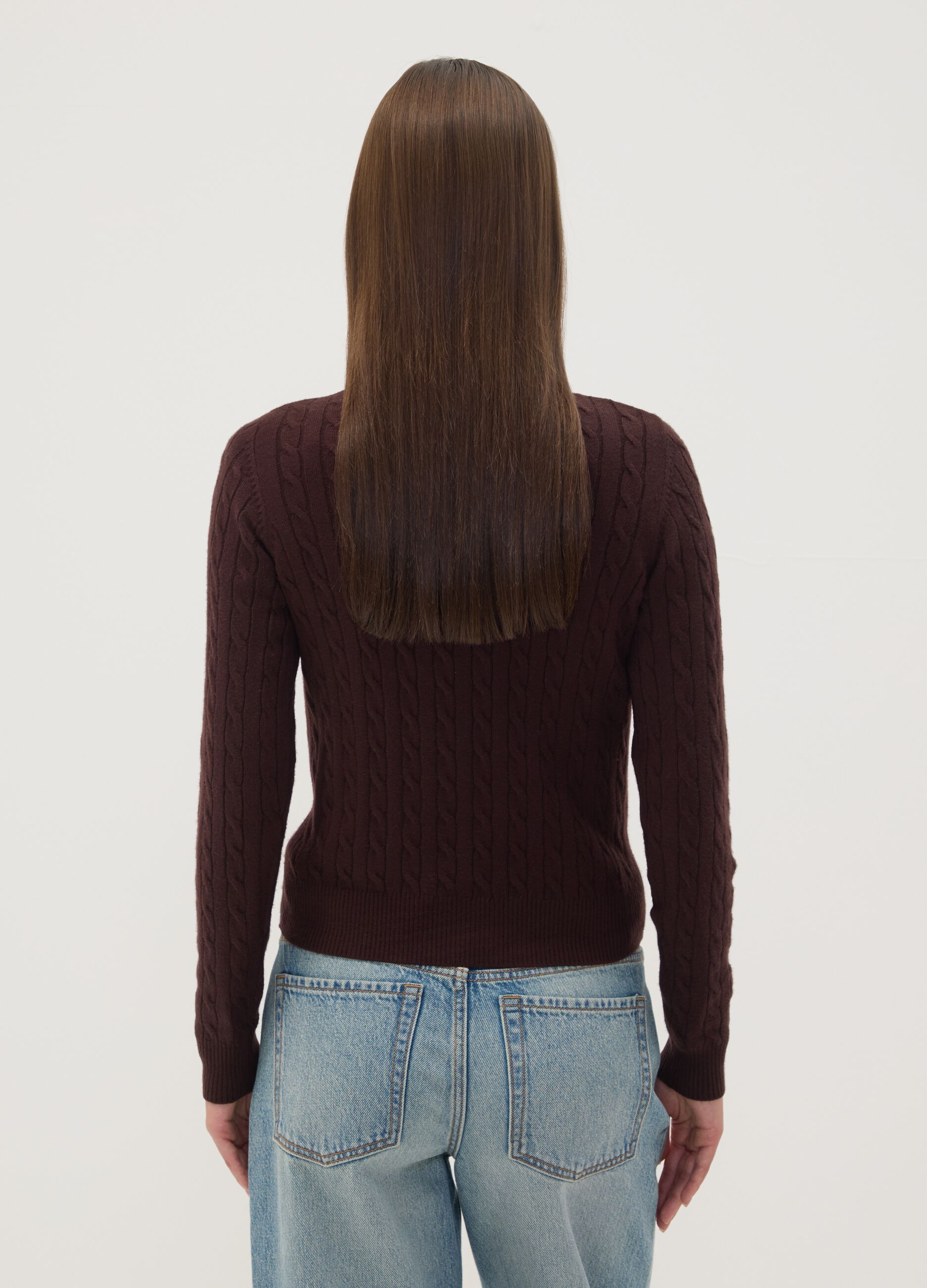 Brown cable-knit crew-neck jumper, regular fit