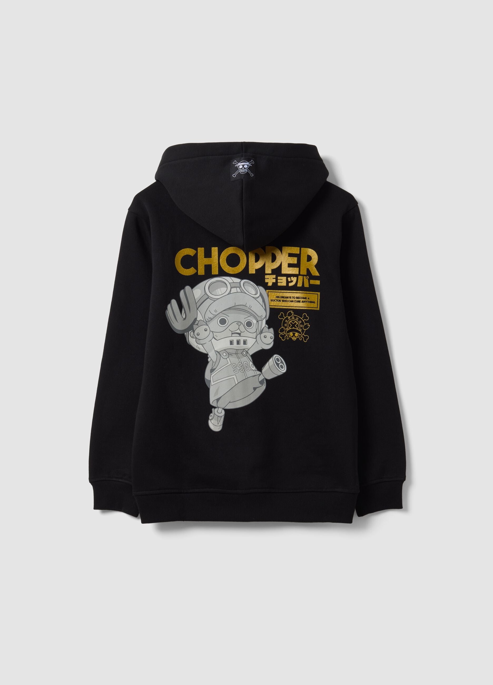 Black cotton-blend zip hoodie with One Piece print