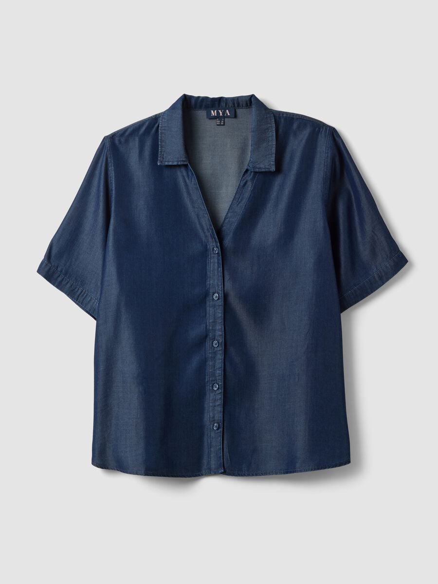 Camicia blu in puro lyocell a maniche corte regular fit_0