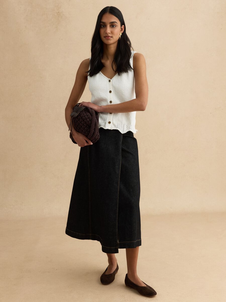 White cotton blend regular fit tank top with buttons_1