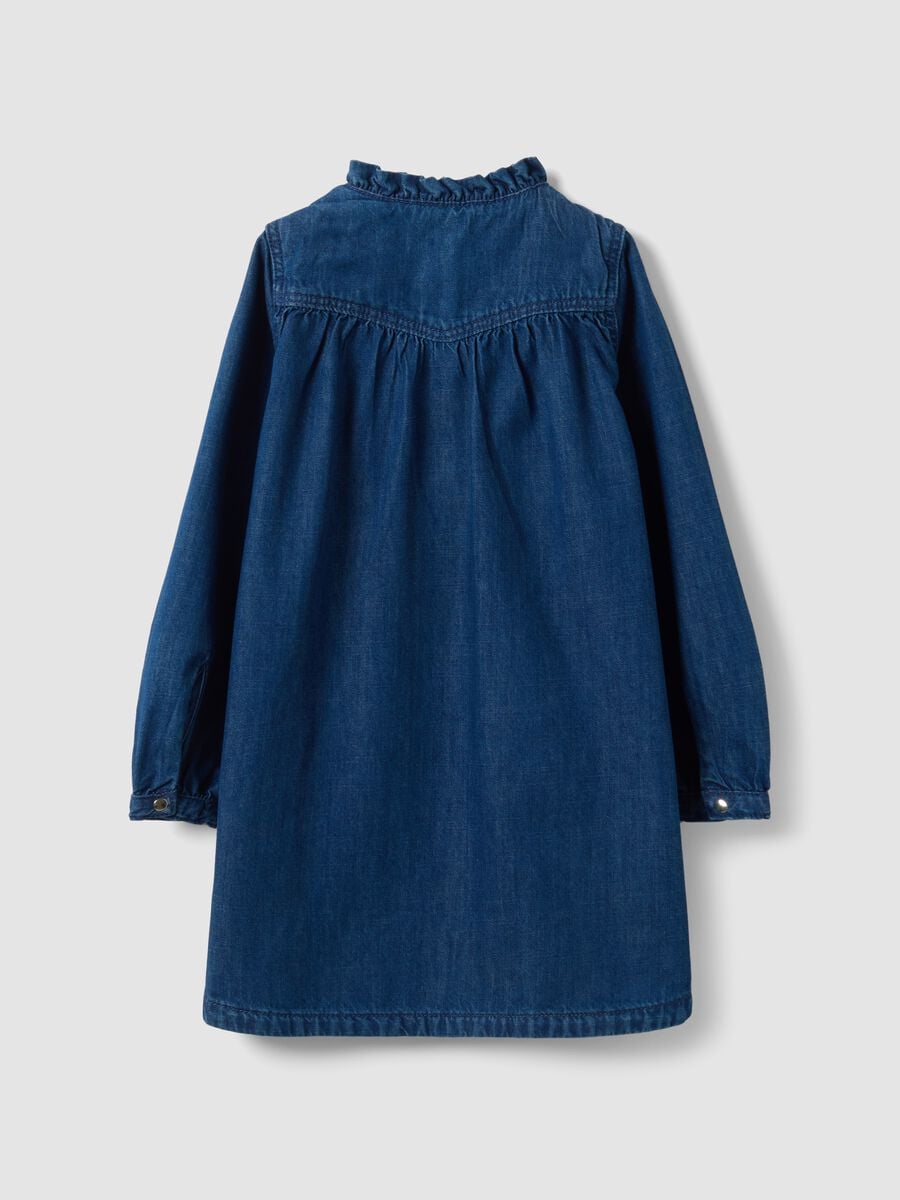 Abito wide blu in puro cotone con girocollo e volant per bambina_1