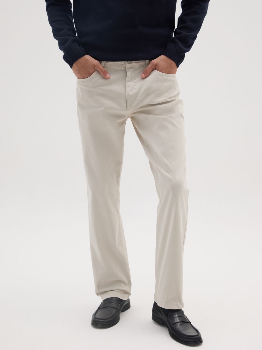 Stretch cotton beige regular fit trousers_1