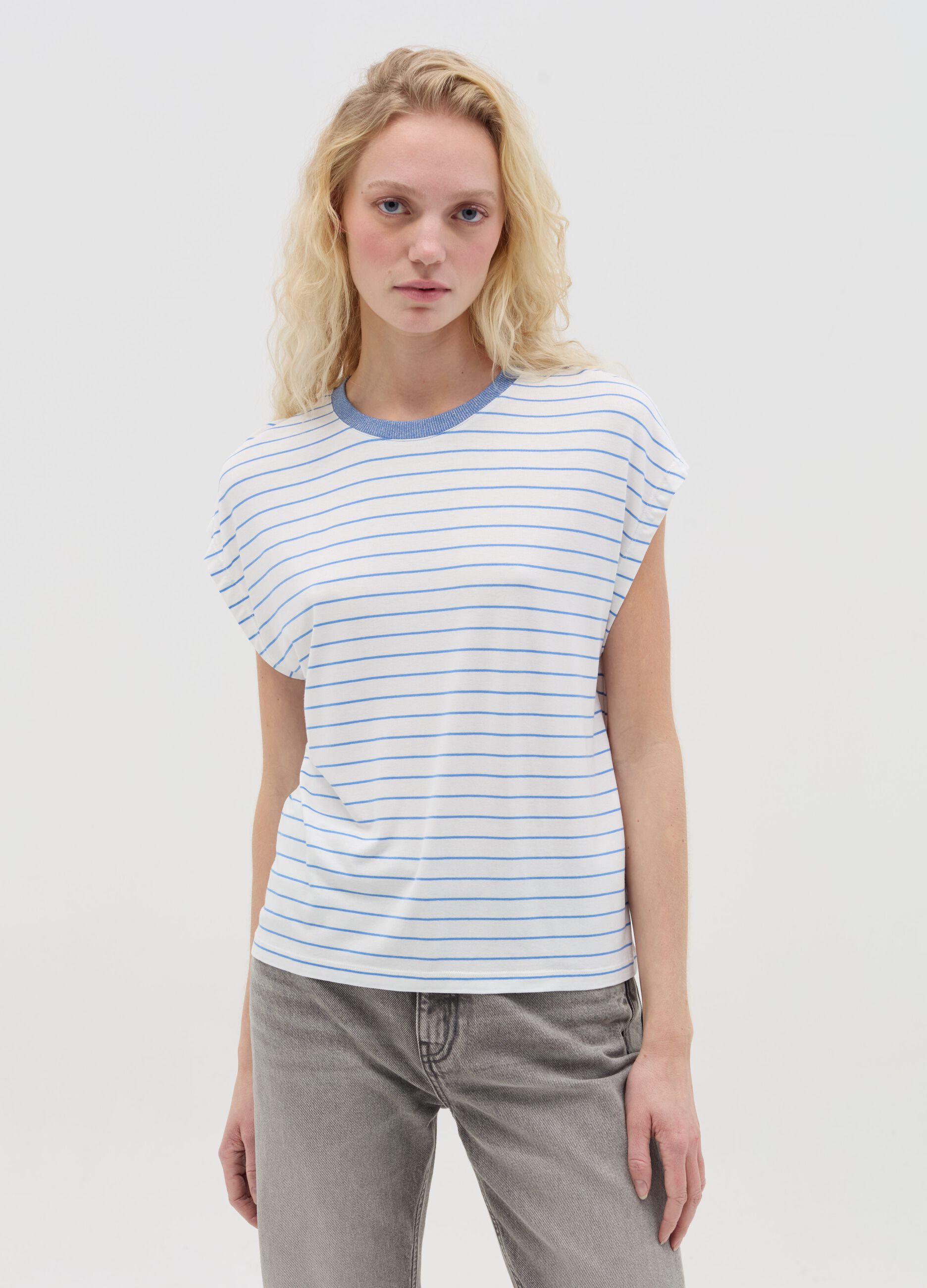 White and light blue striped T-shirt with short sleeves