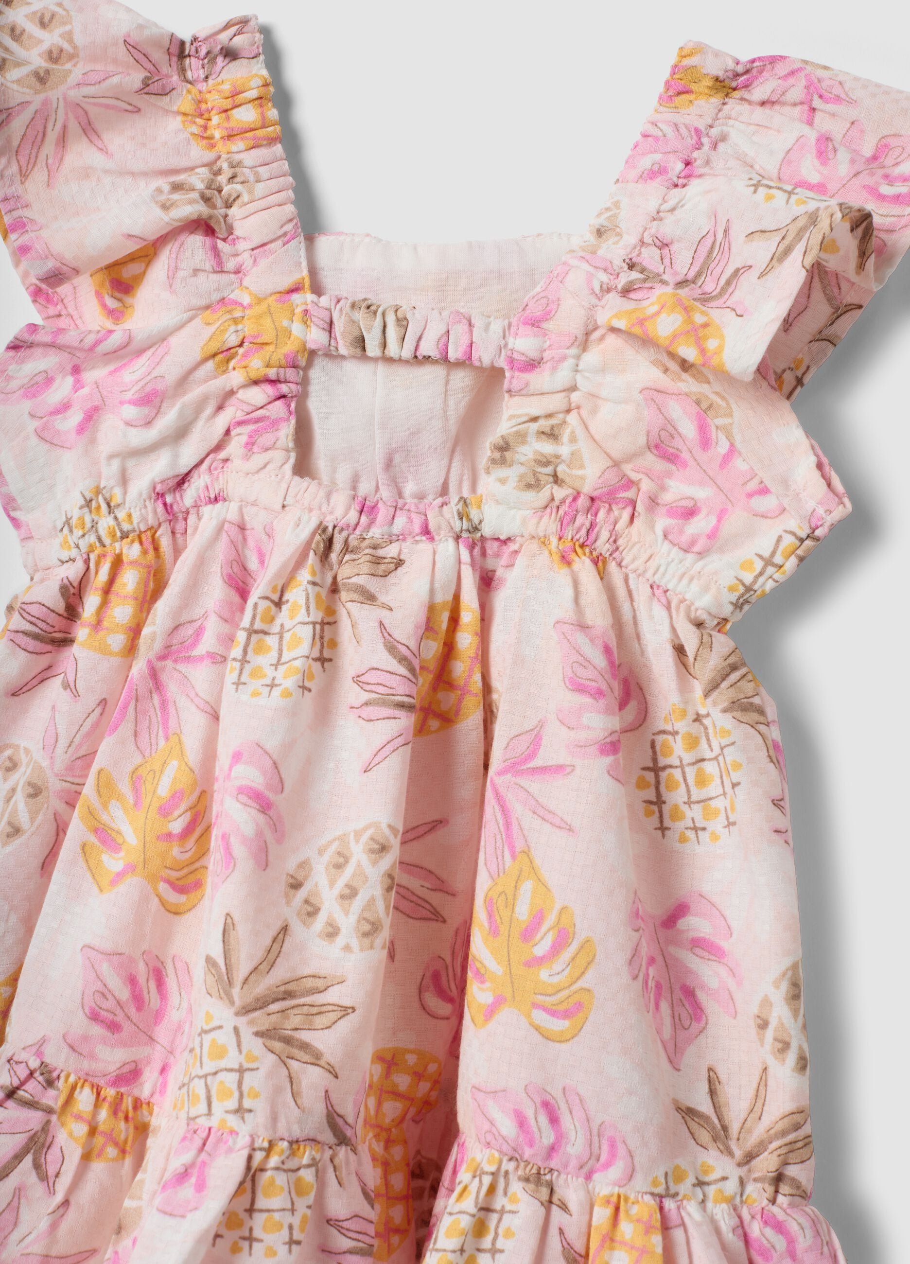 Pink pure cotton dress with tropical print