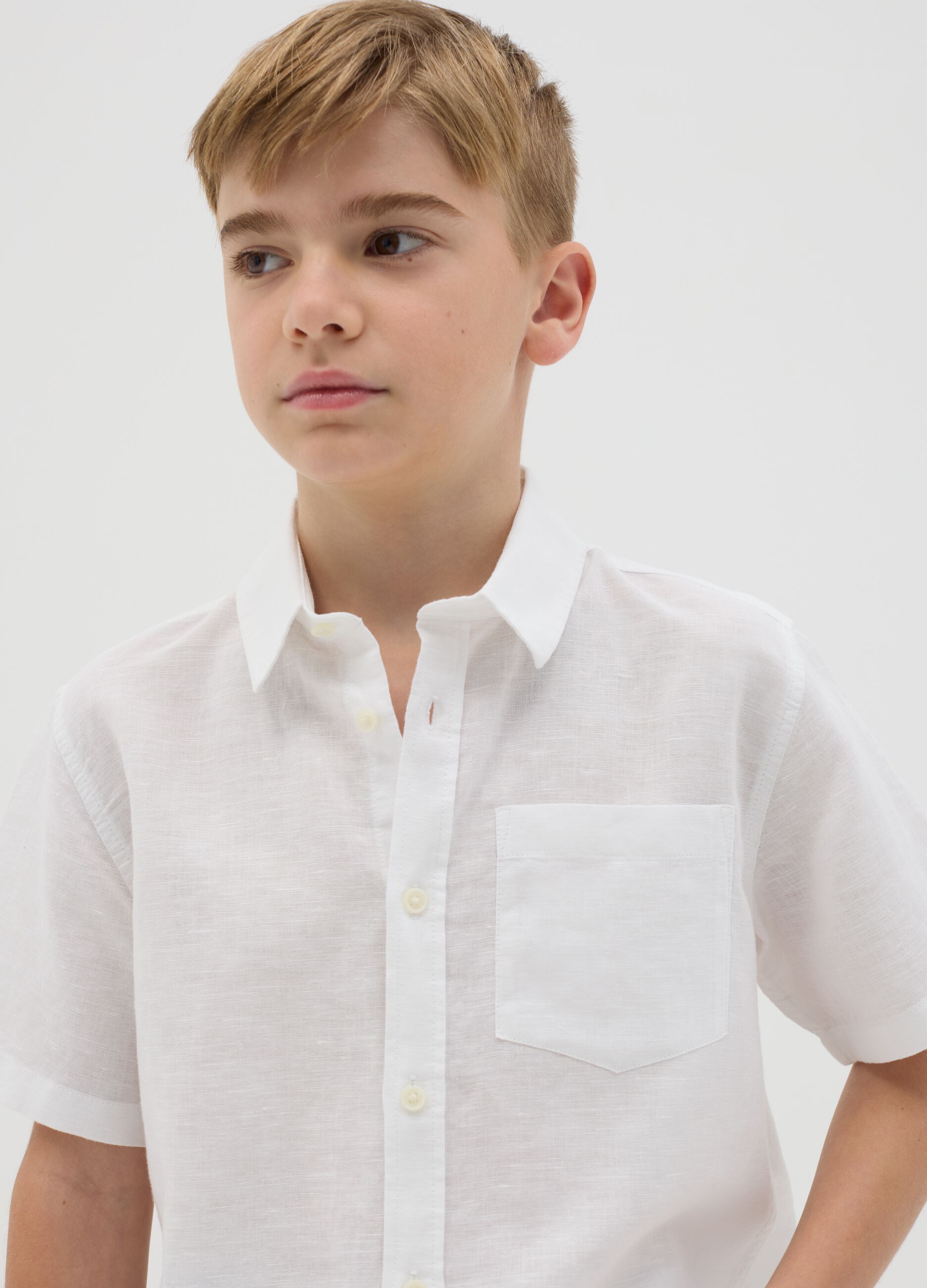 Camicia da ragazzo in lino e cotone bianca regular fit