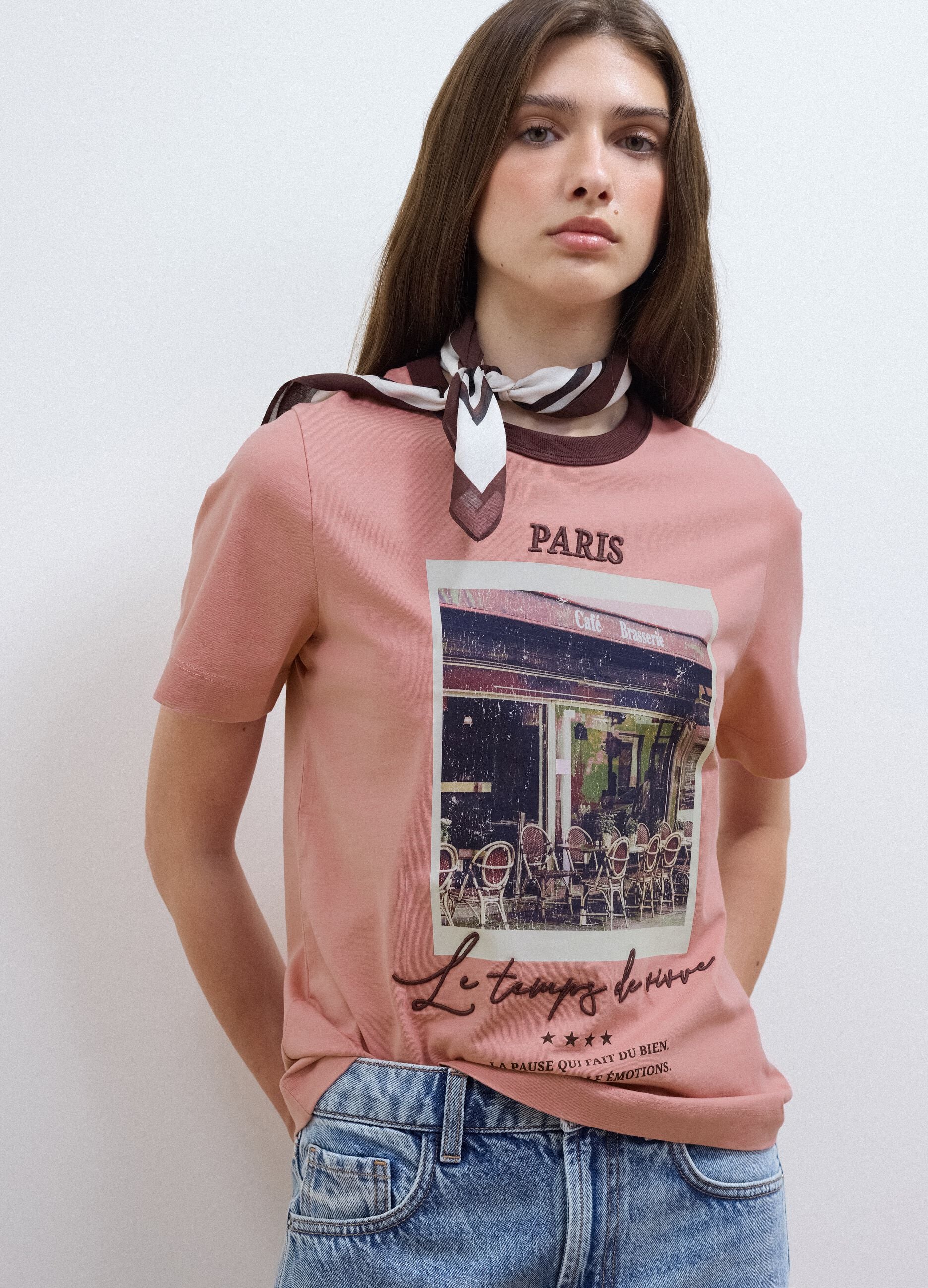 Pink pure cotton T-shirt with Paris print