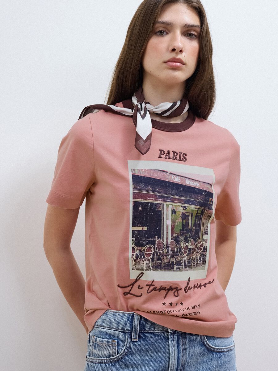 T-shirt rosa in puro cotone con stampa Paris_0