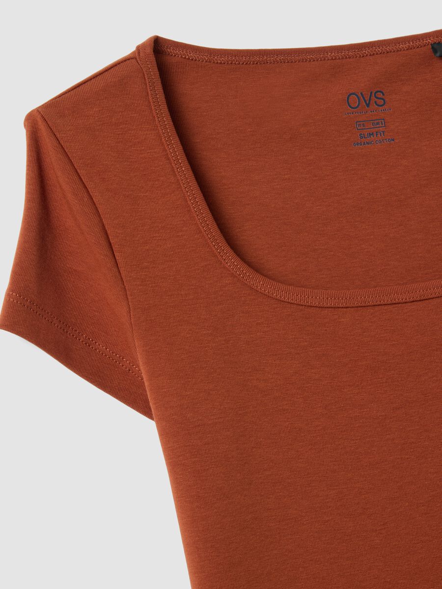 Orange fitted stretch-cotton T-shirt with square neckline_5