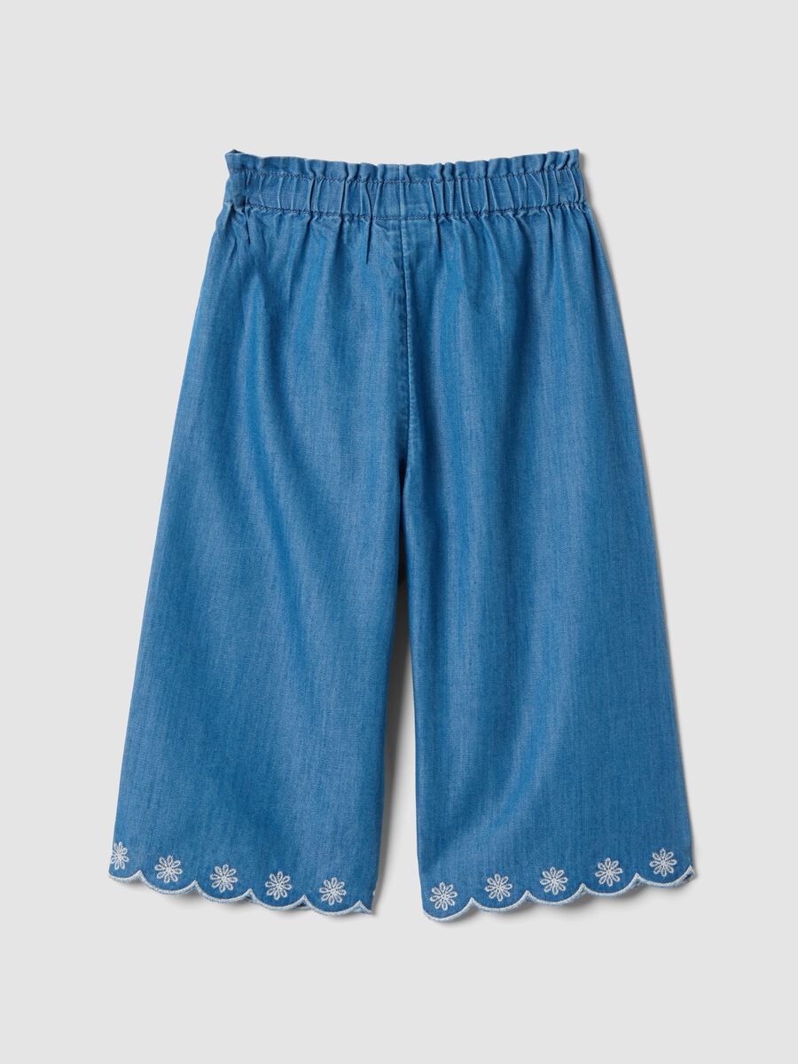 Girls' Blue Denim Cotton Blend Wide Leg Trousers with Embroidery_1