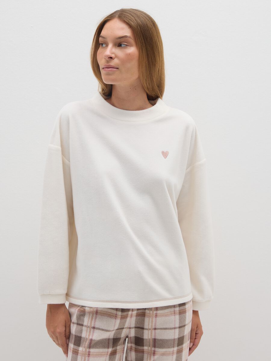 Felpa in pile bianca regular fit con ricamo_1