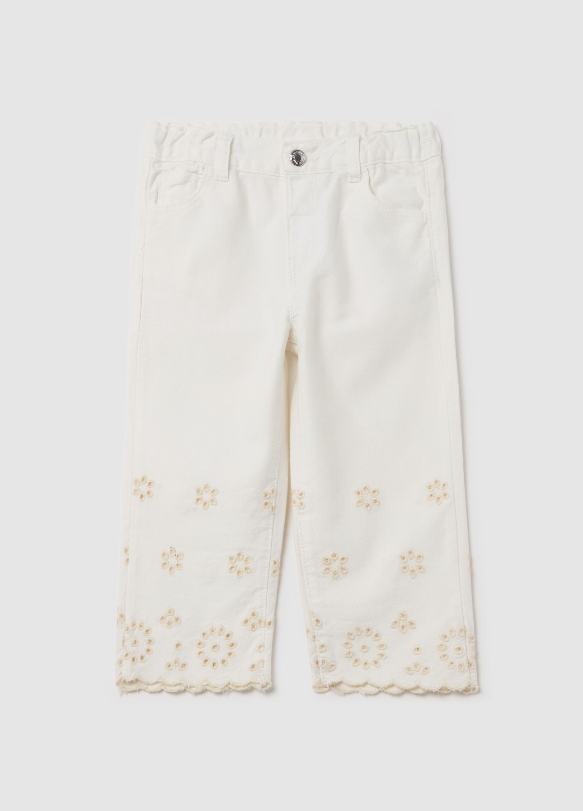 Five-pocket trousers with broderie anglaise embroidery