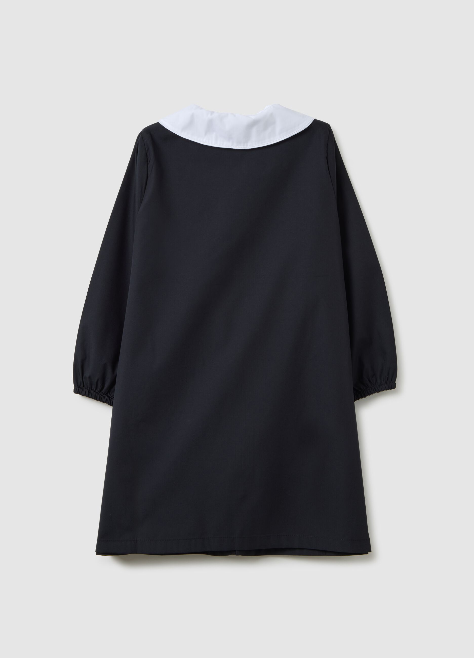 Girls' black cotton blend school apron with embroidery