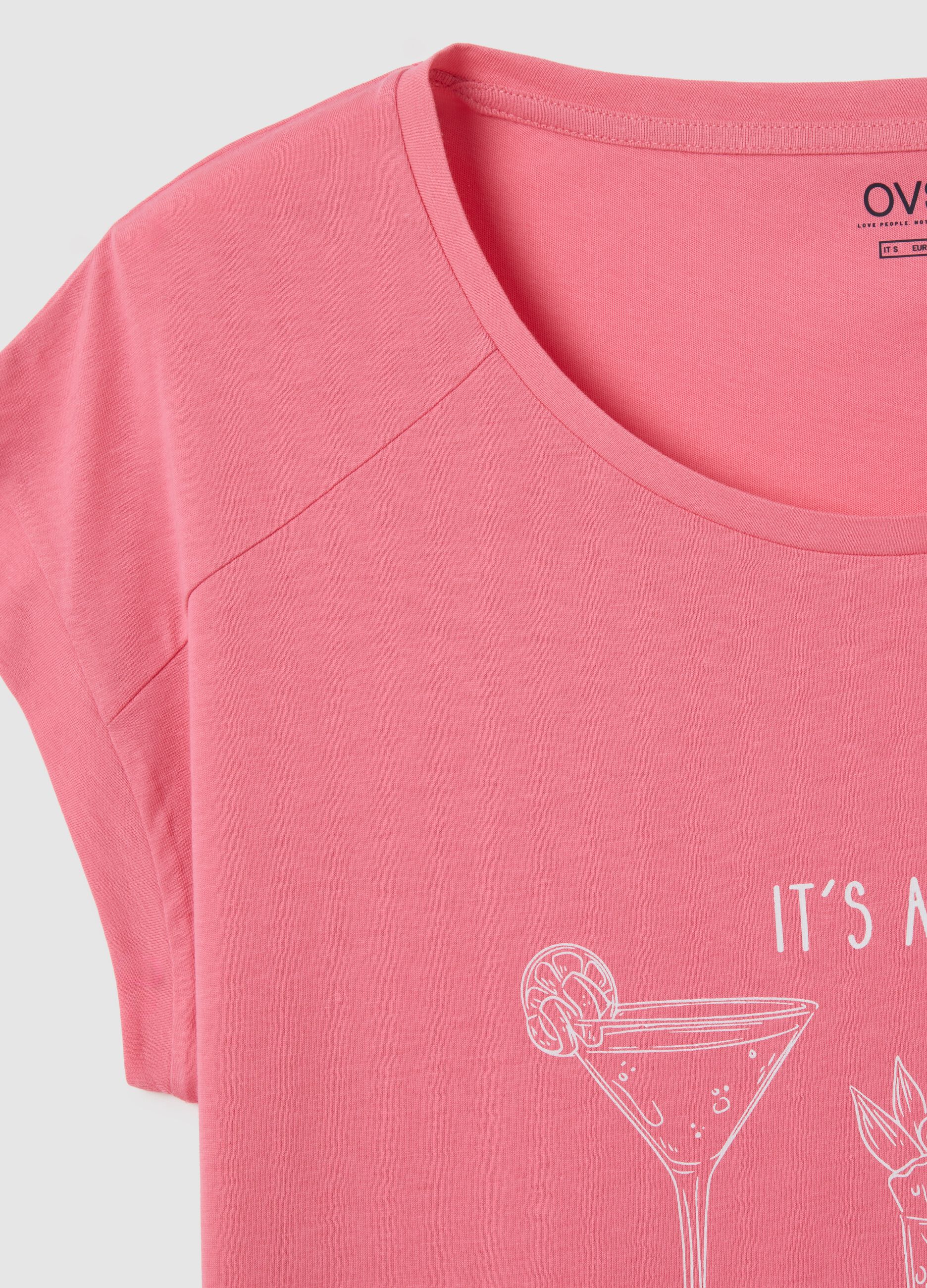 Women's pink pure cotton dress with cocktail print