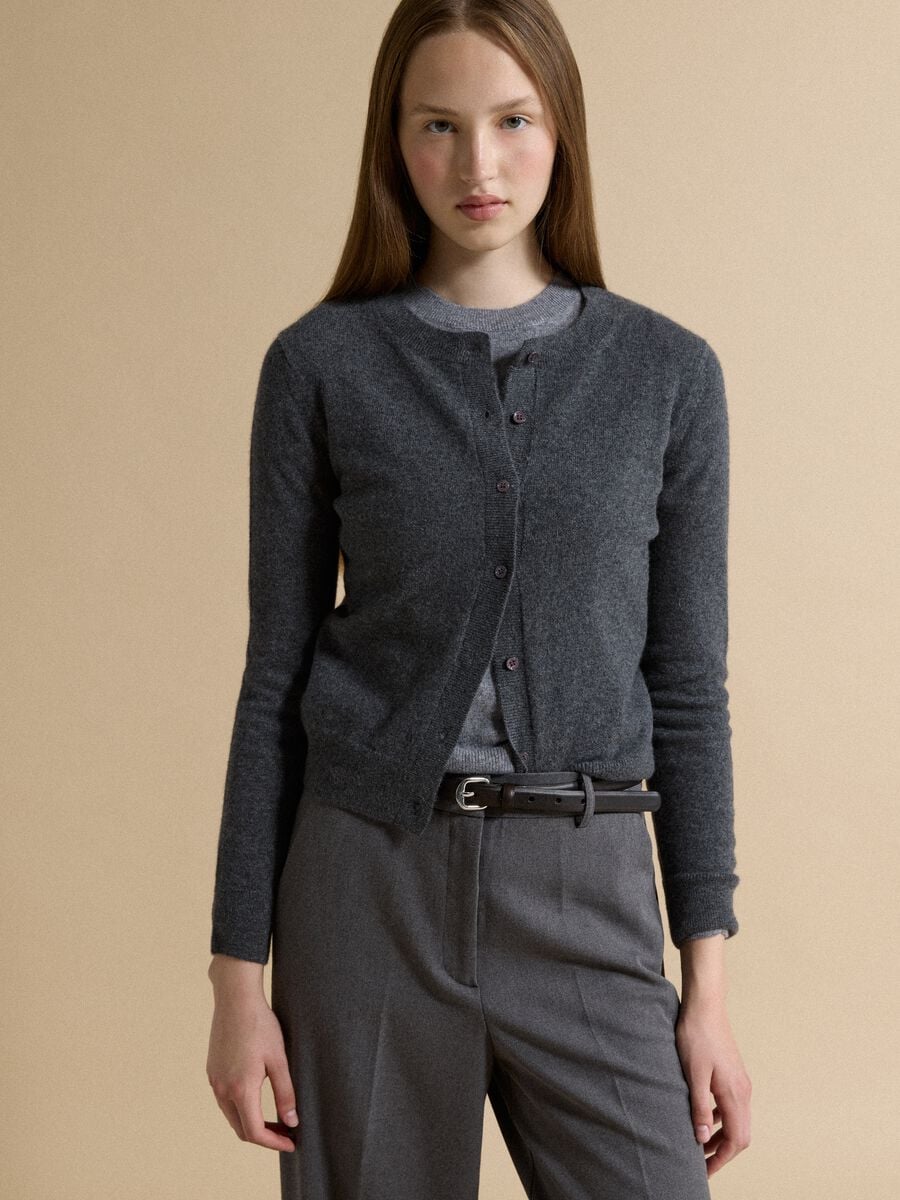 Grey pure cashmere crew-neck cardigan_0