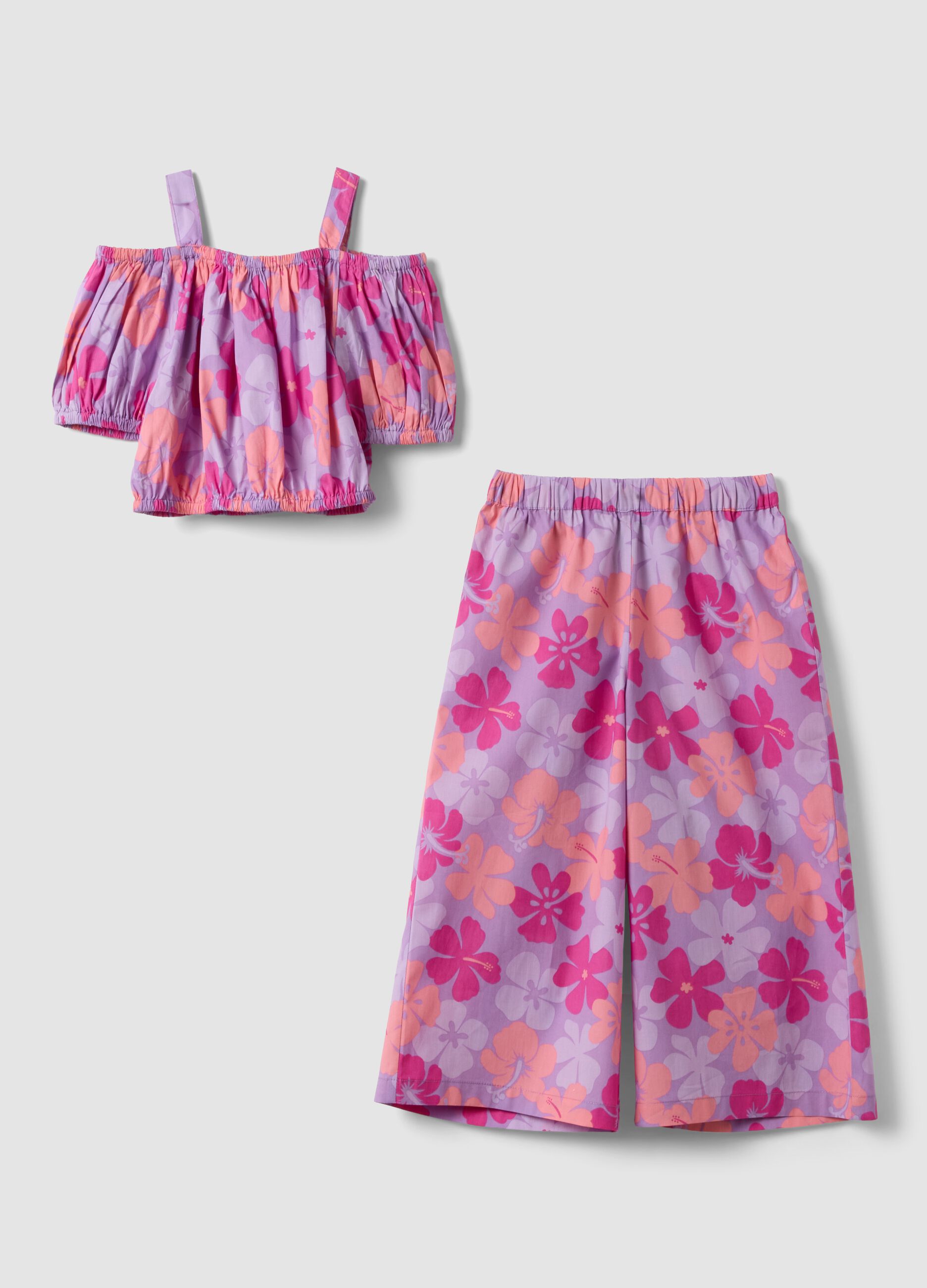 Purple pure cotton set with floral top and trousers