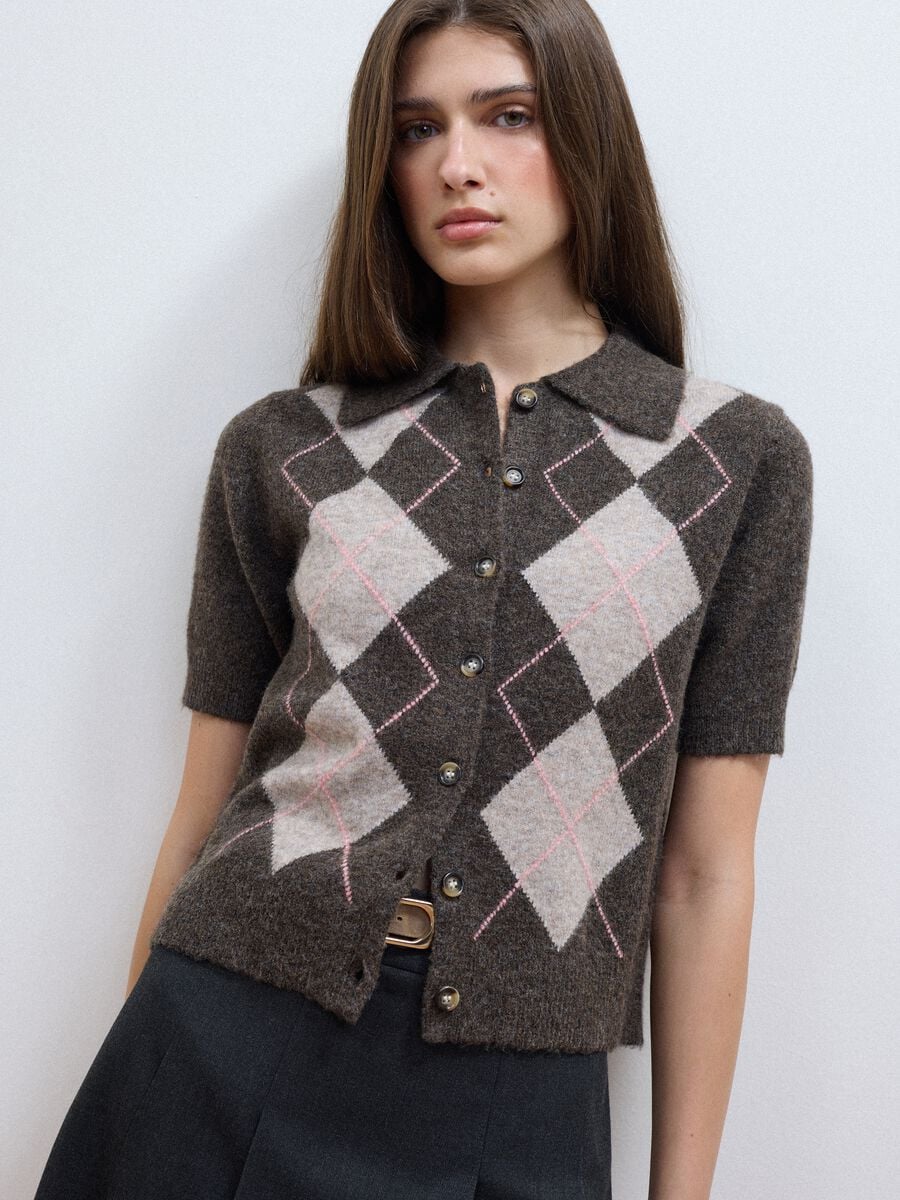 Brown stretch wool polo-collar cardigan, regular fit_0