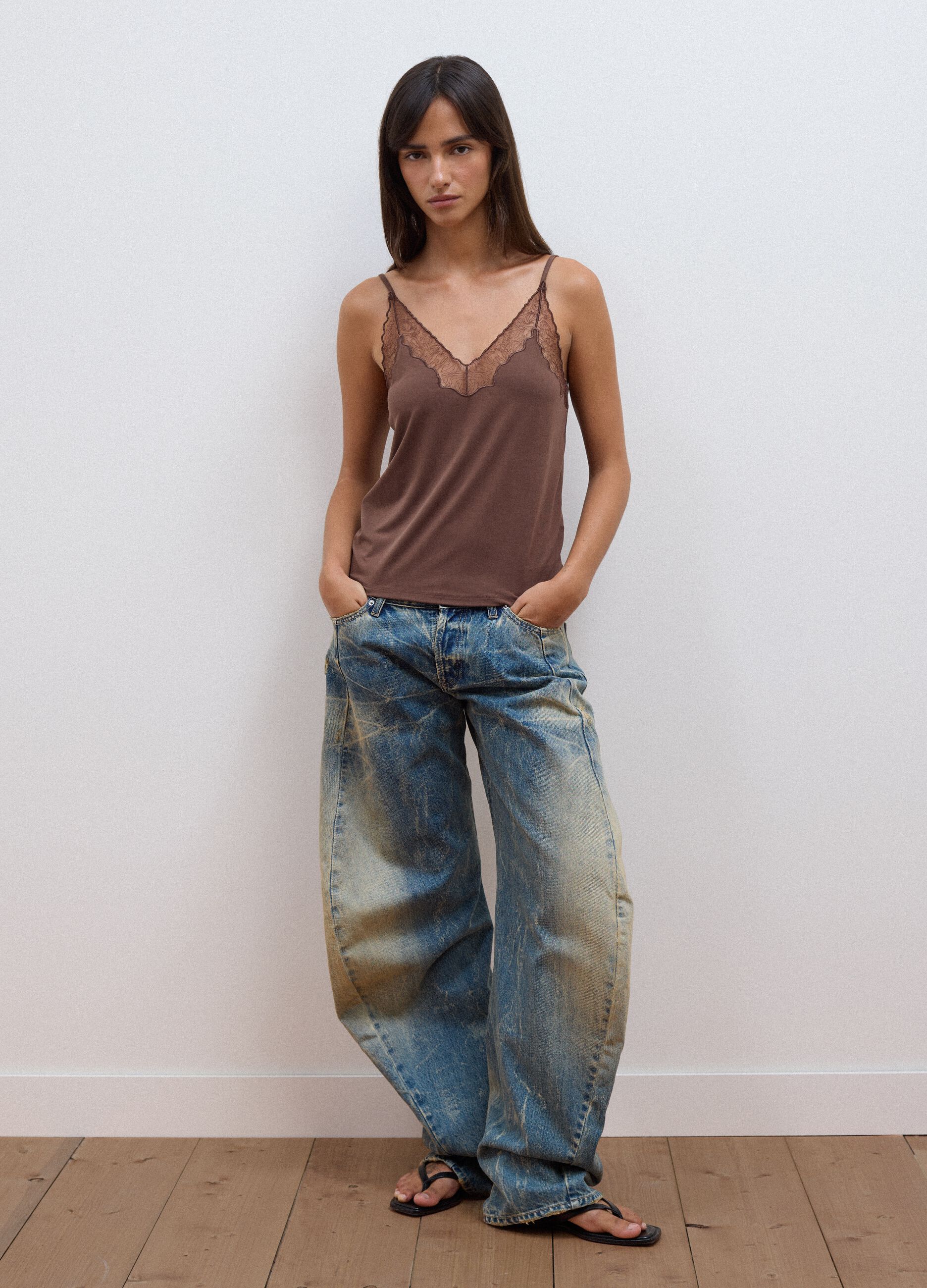 Brown stretch viscose tank top with lace and V-neckline