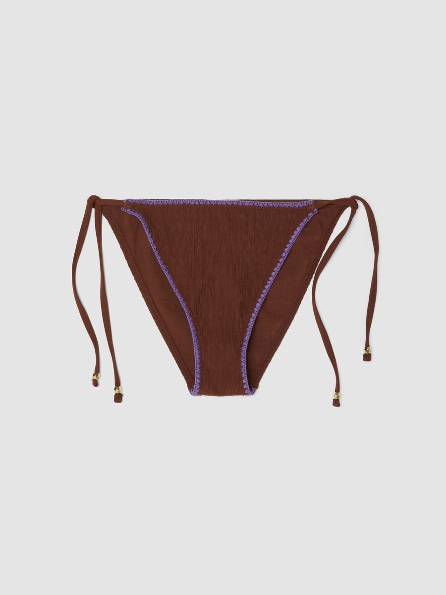 Brown triangle bikini bottoms in stretch fabric with purple trim_4