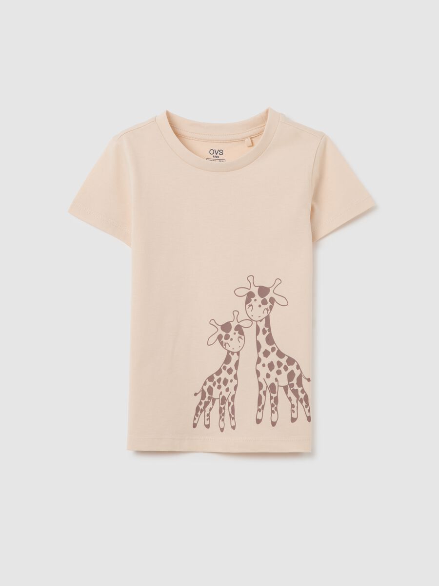 Girls' beige pure cotton t-shirt with giraffes_0