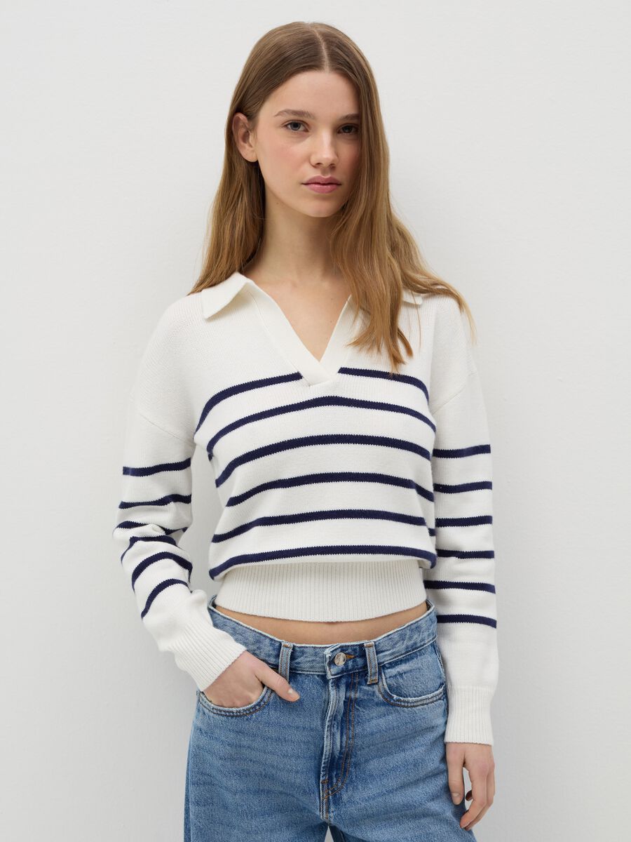 Top with blue and white stripes and polo neck_0