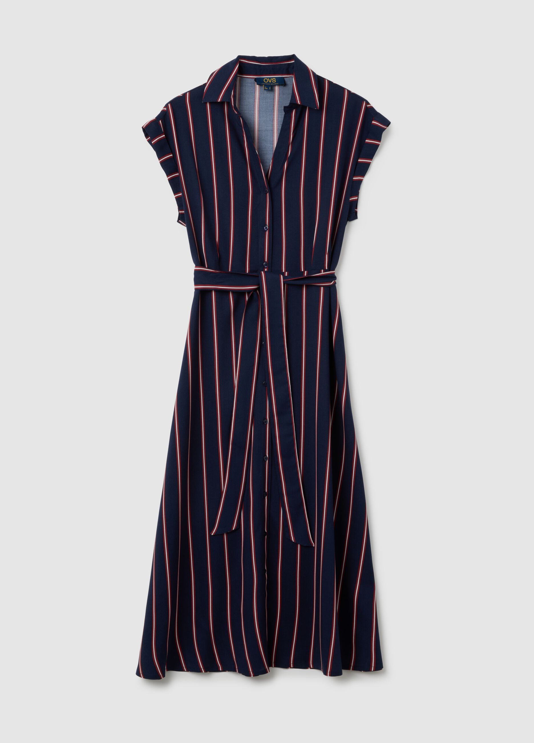 Long Blue and Red Striped Shirt Dress