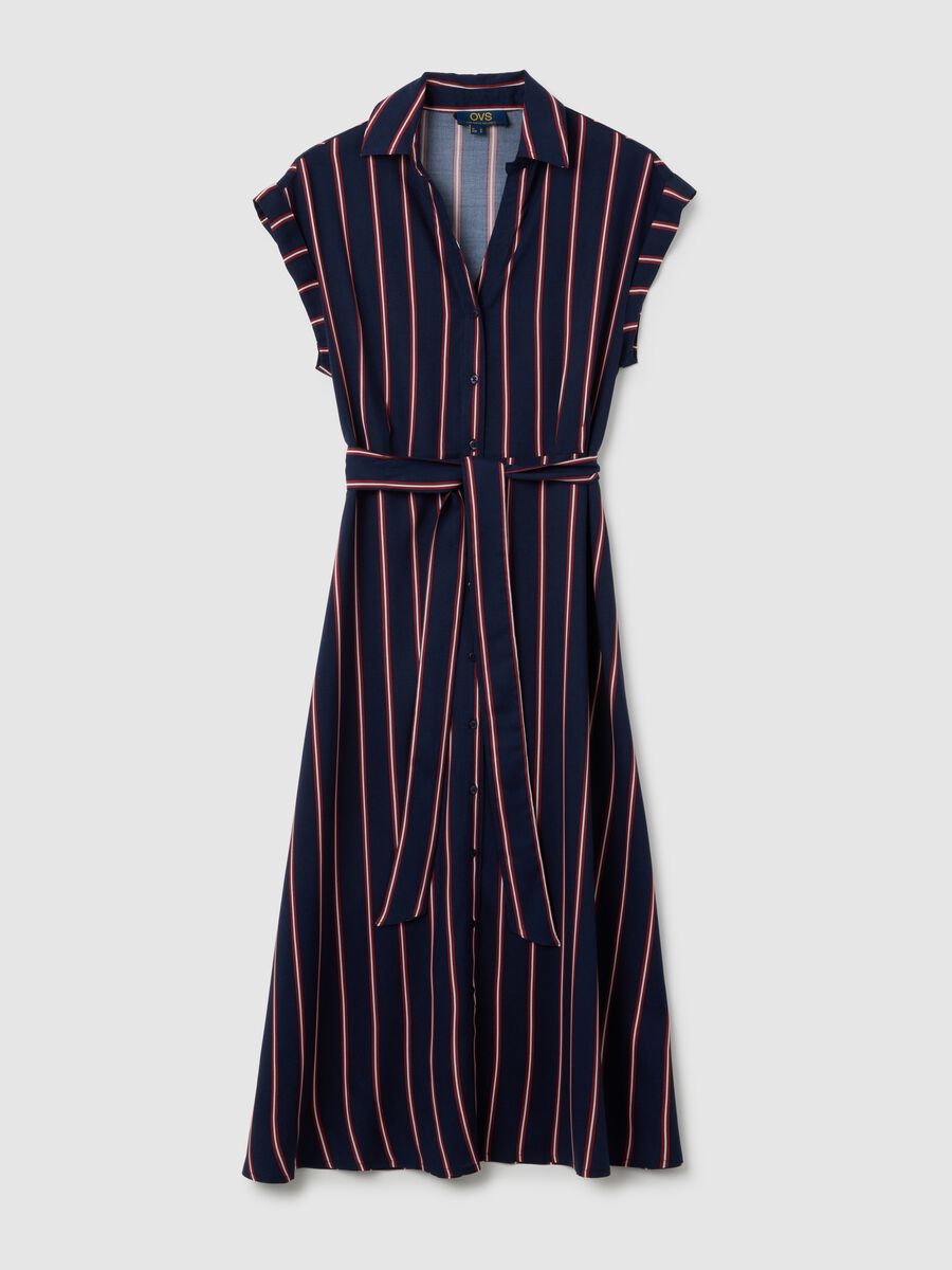 Long Blue and Red Striped Shirt Dress_4