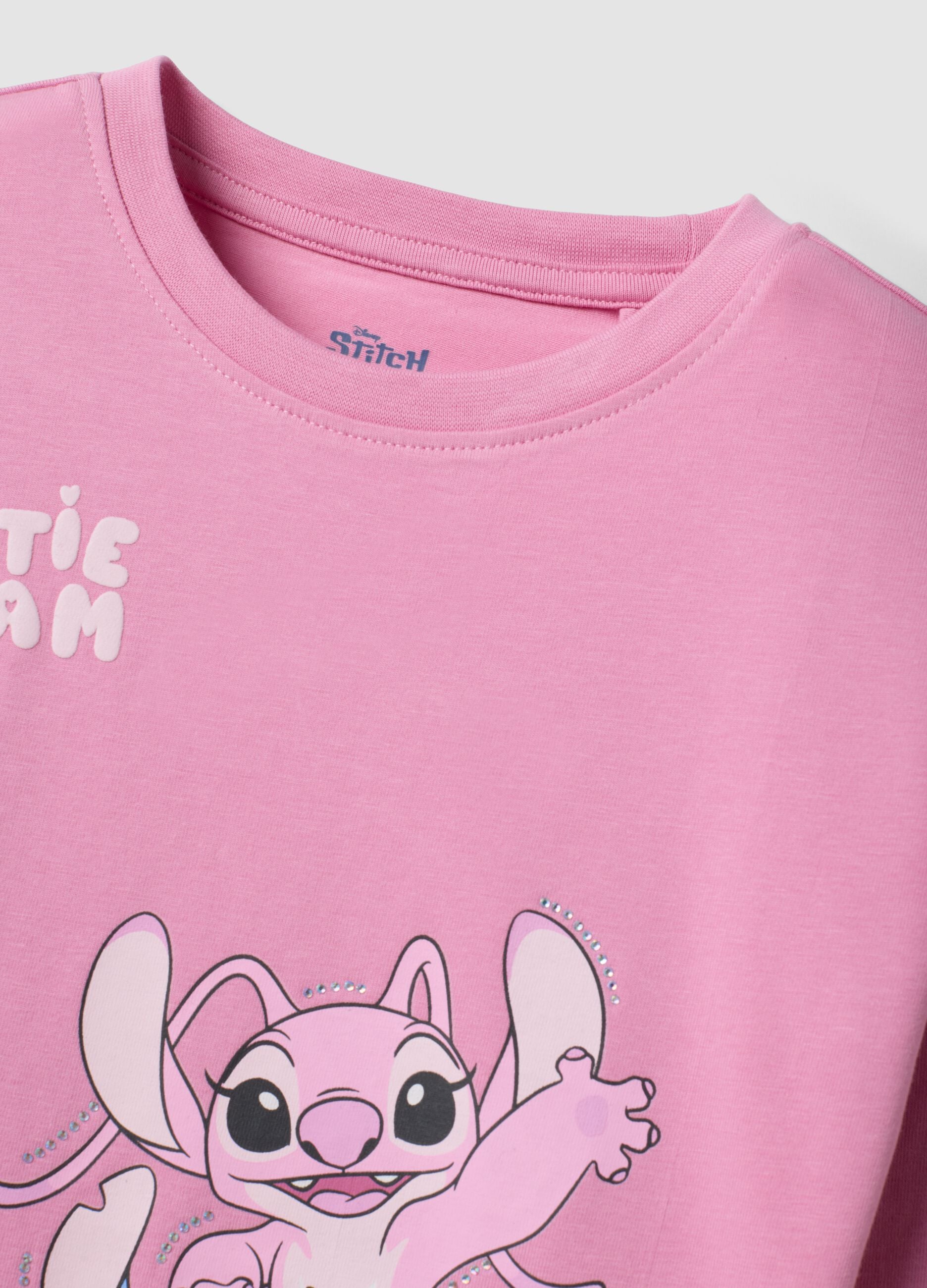 Pink stretch cotton T-shirt with Lilo & Stitch print for girls