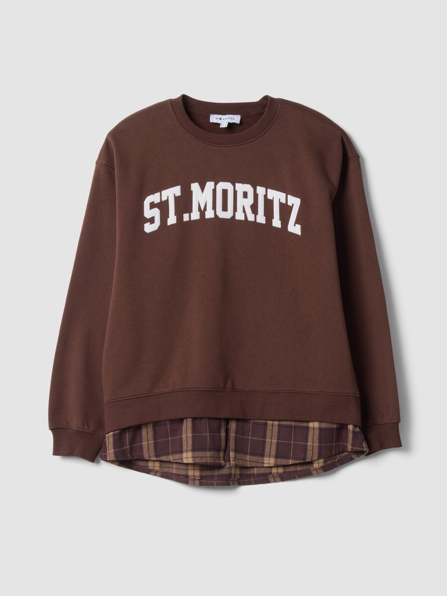 Brown cotton-blend sweatshirt with shirt-effect insert, regular fit_0