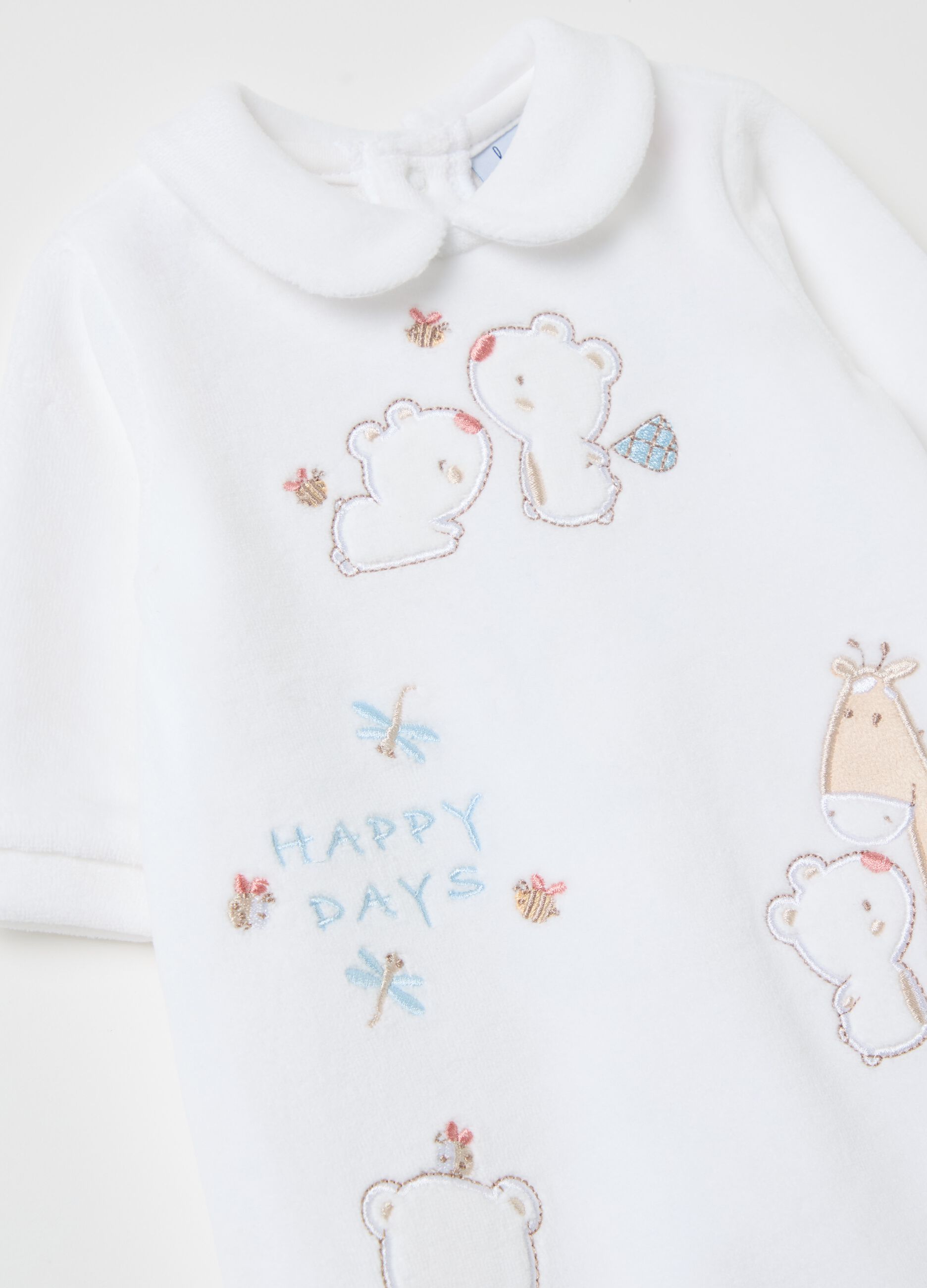 Velour onesie with feet and animals embroidery