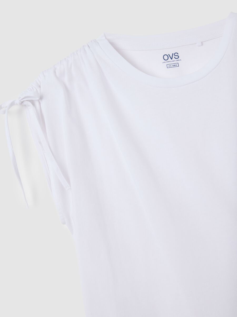 Women's white pure cotton T-shirt with regular fit and tie details_5