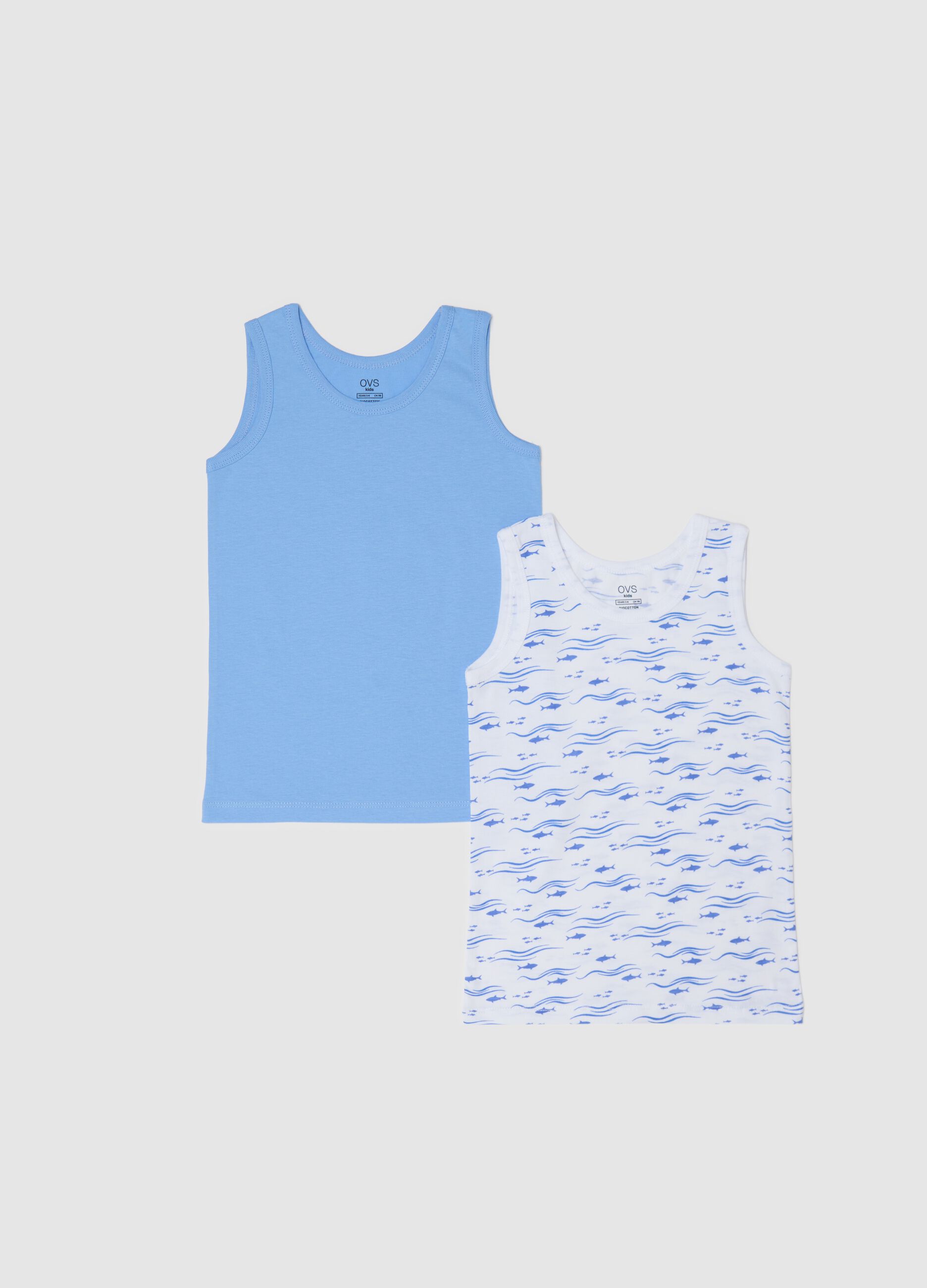 Two-pack white and light blue racerback vests in organic cotton