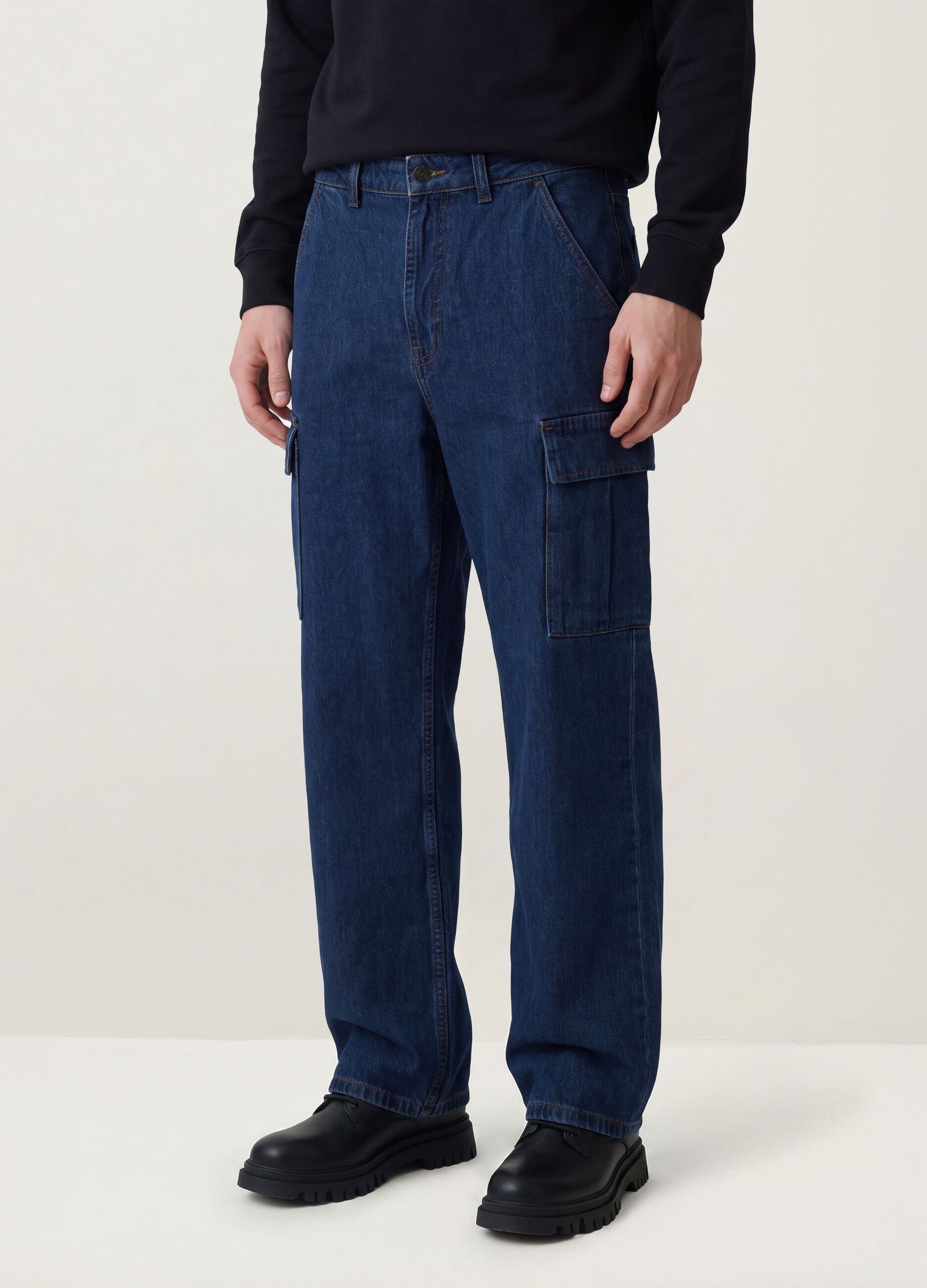 Dark blue pure cotton wide-leg cargo jeans