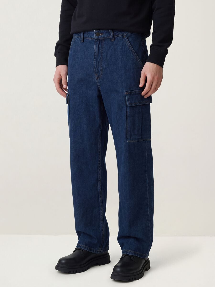 Dark blue pure cotton wide-leg cargo jeans_1
