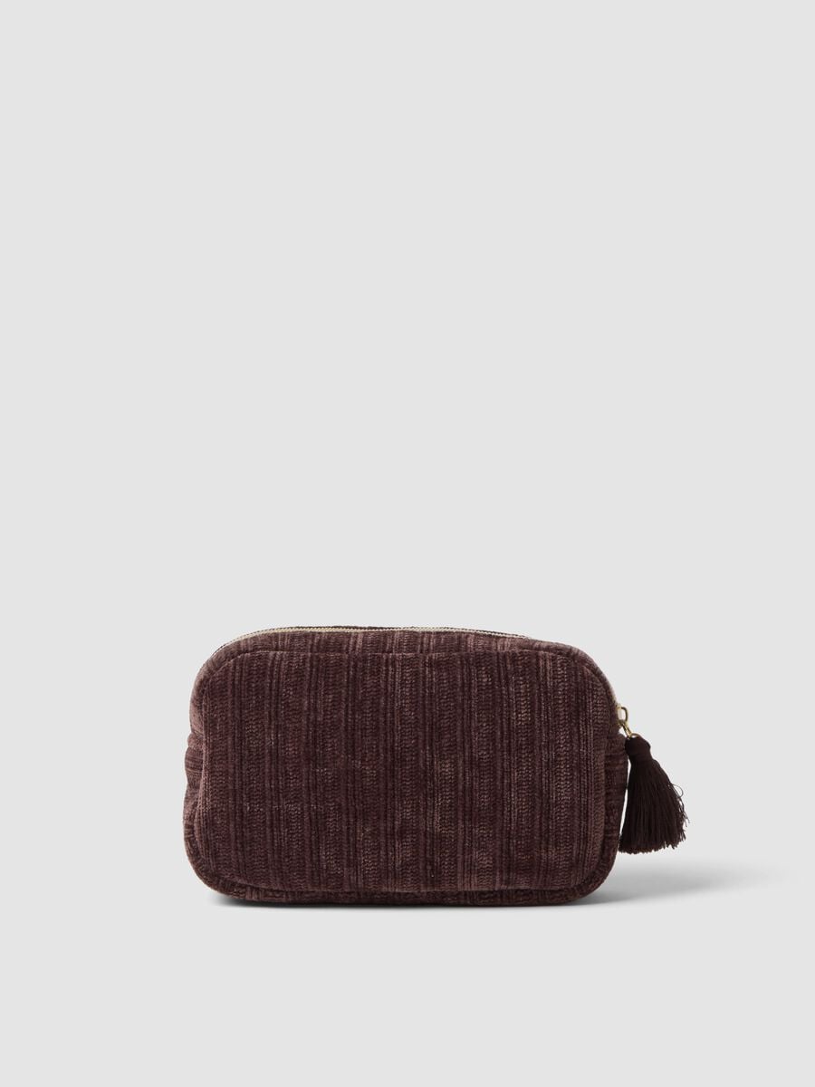 Beauty case marrone con ricamo floreale e nappina_1