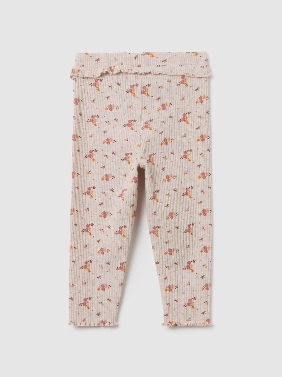 Beige Cotton Blend Floral Girl's Leggings_1