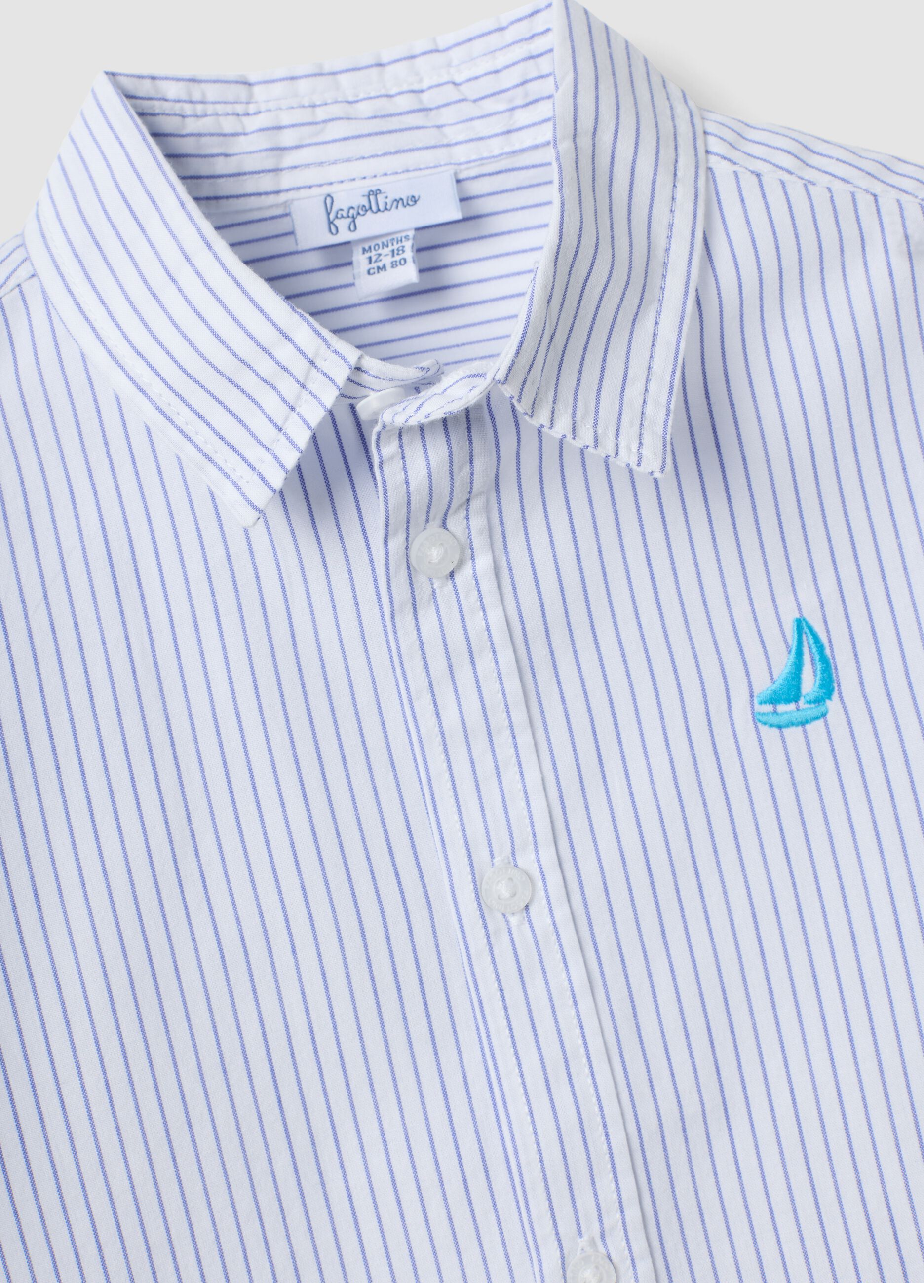 Blue striped pure cotton shirt with embroidered detail for boys, regular fit