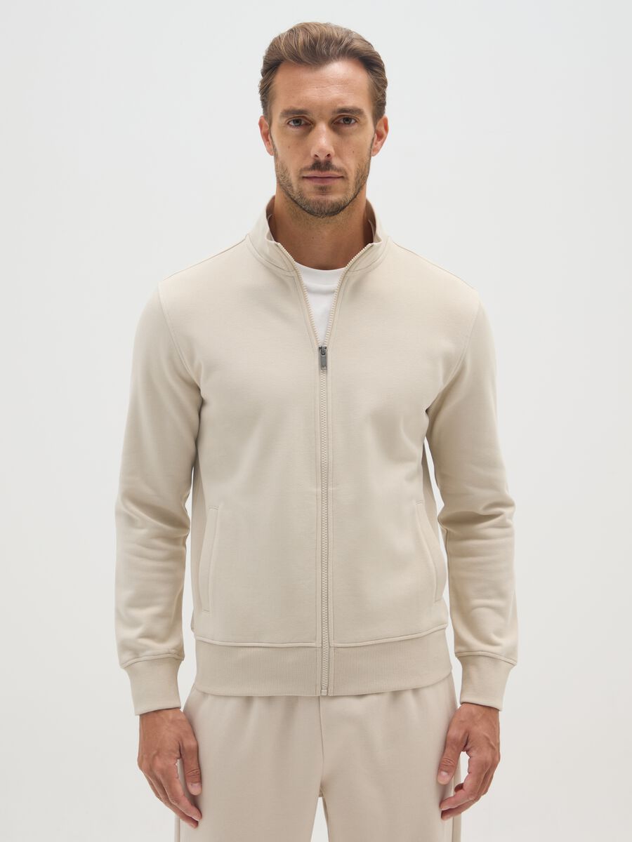 Beige cotton blend zip sweatshirt_0