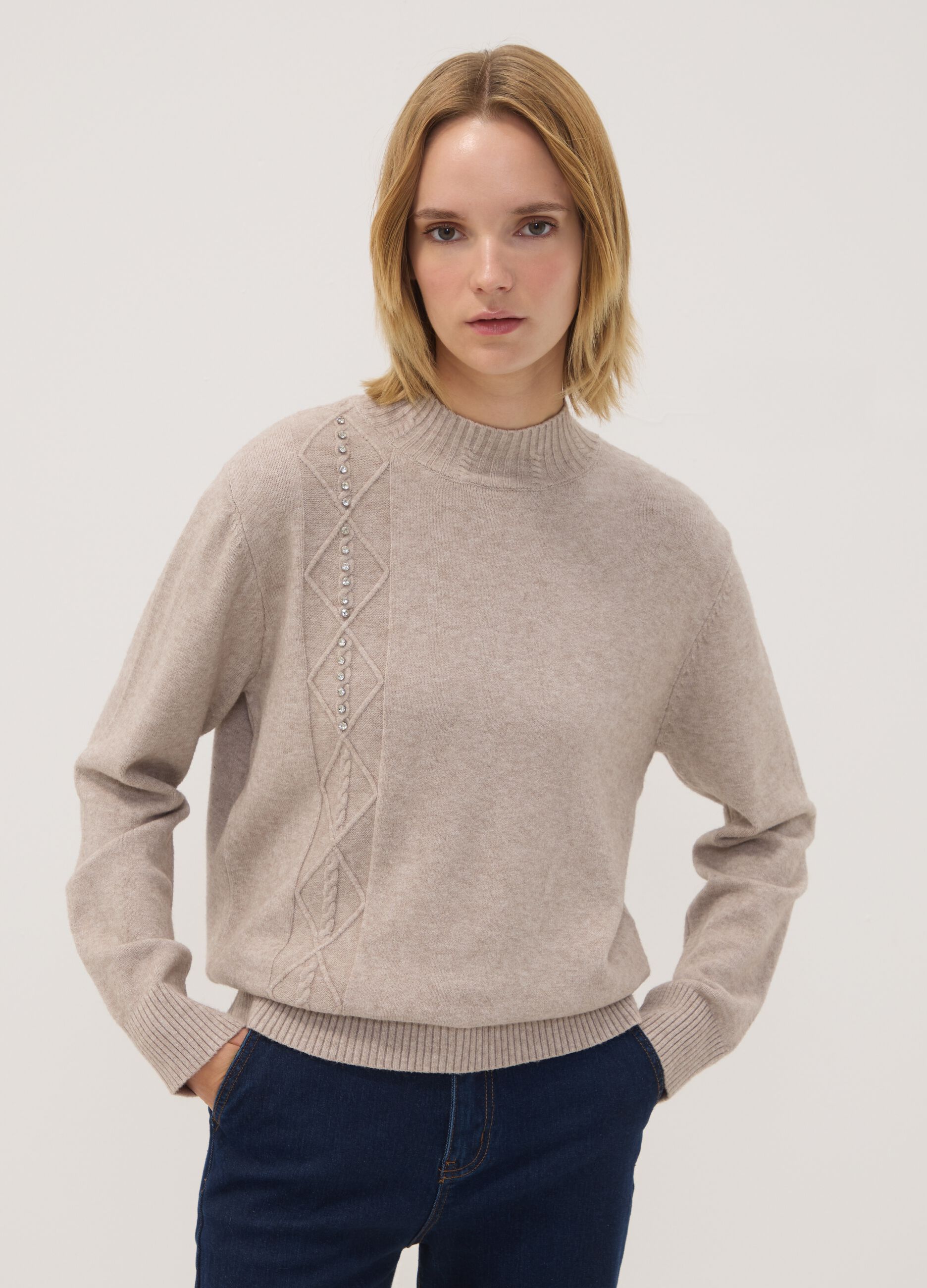 Beige viscose-blend ribbed high-neck jumper, regular fit