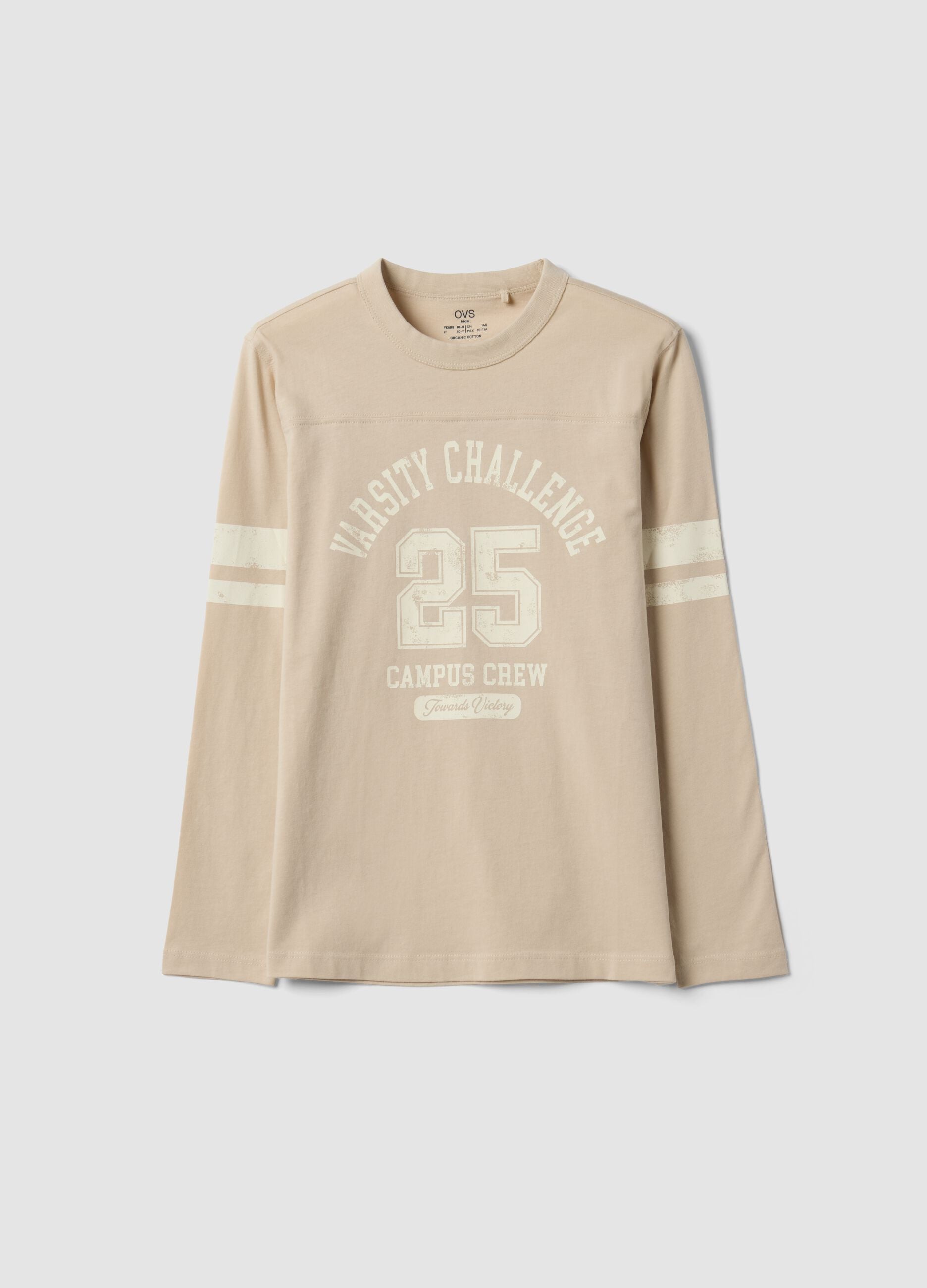 T-shirt beige in puro cotone organico con stampa college per ragazzo