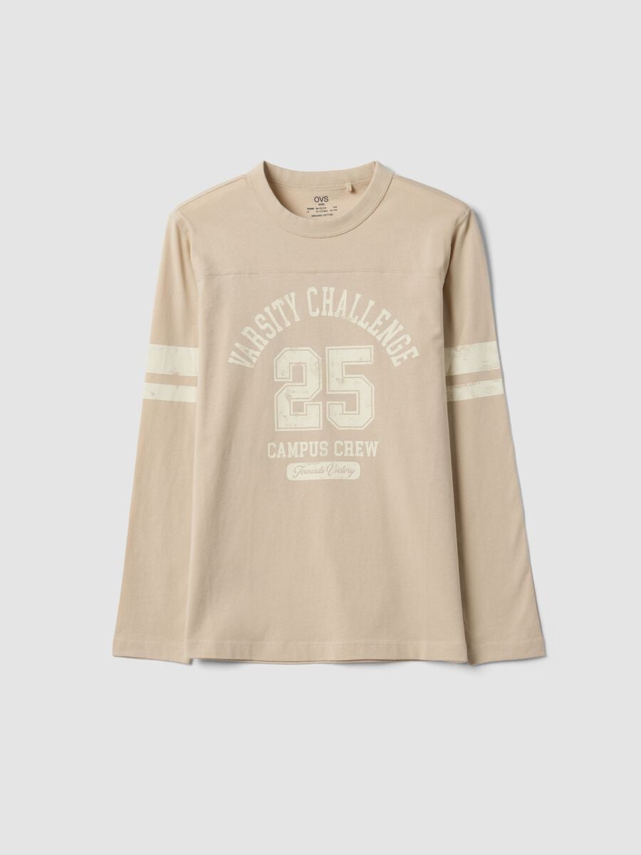 Beige pure organic cotton T-shirt with college print for boys_0