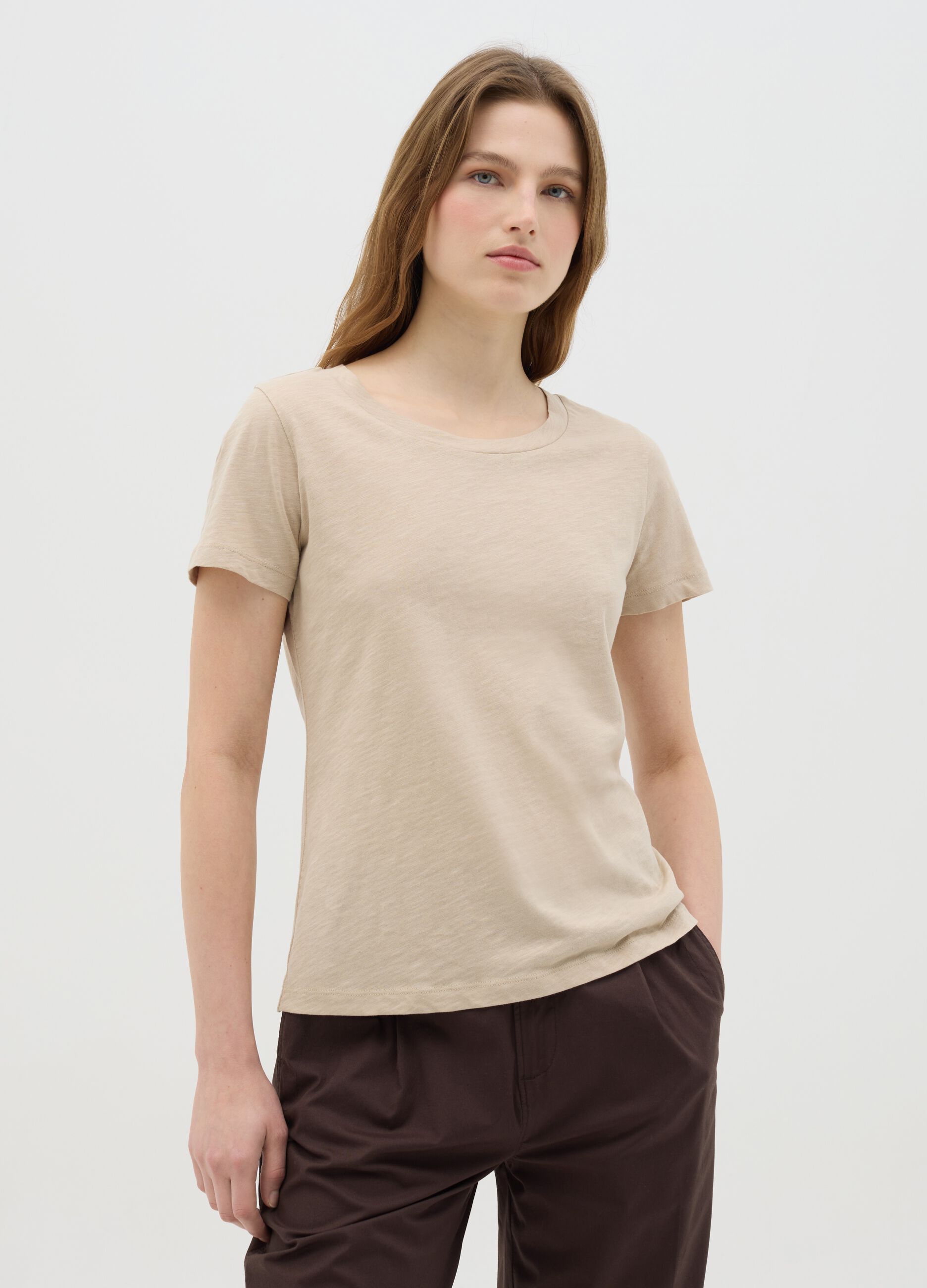 Beige Crew Neck Organic Cotton T-shirt