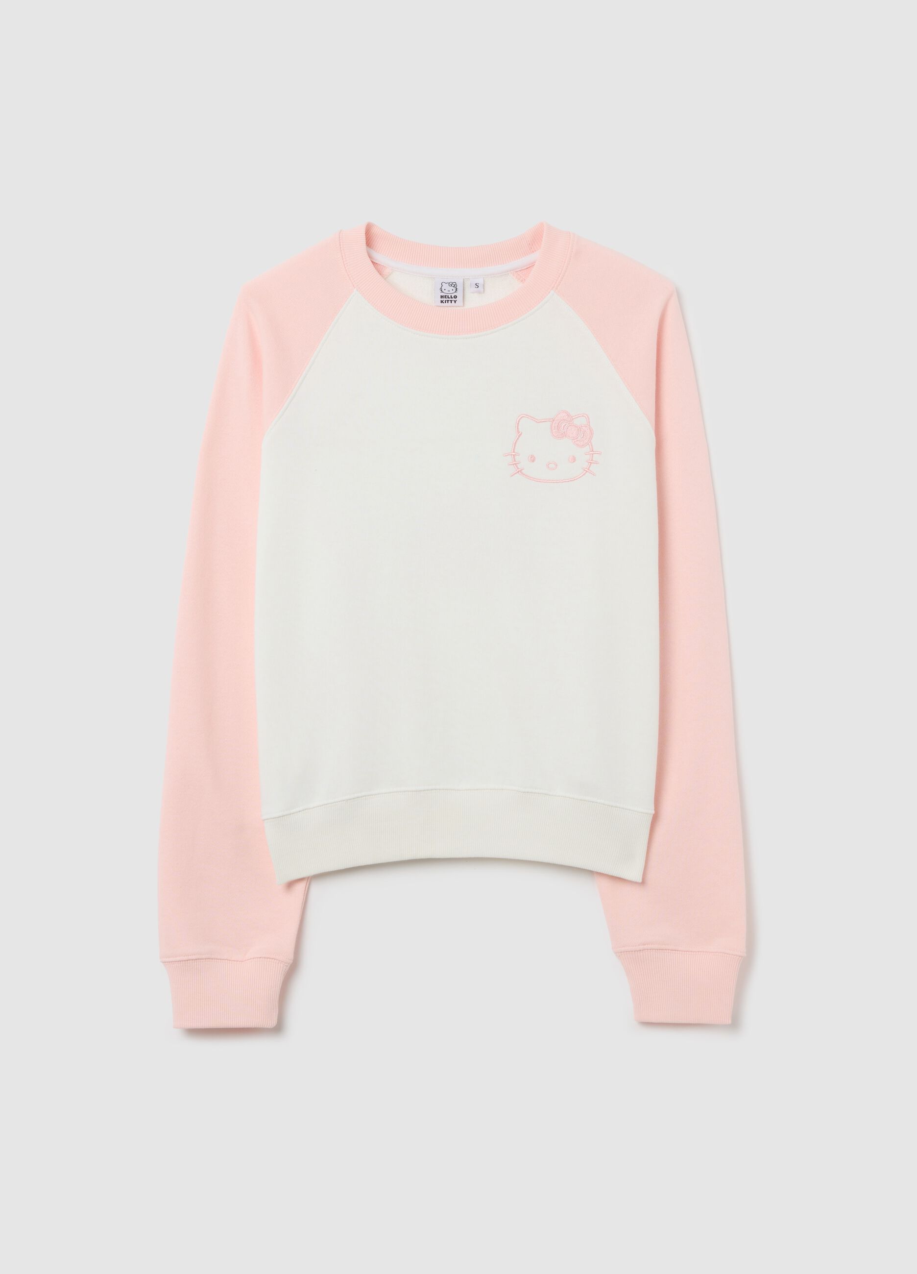 White and pink sweatshirt in French terry with Hello Kitty embroidery
