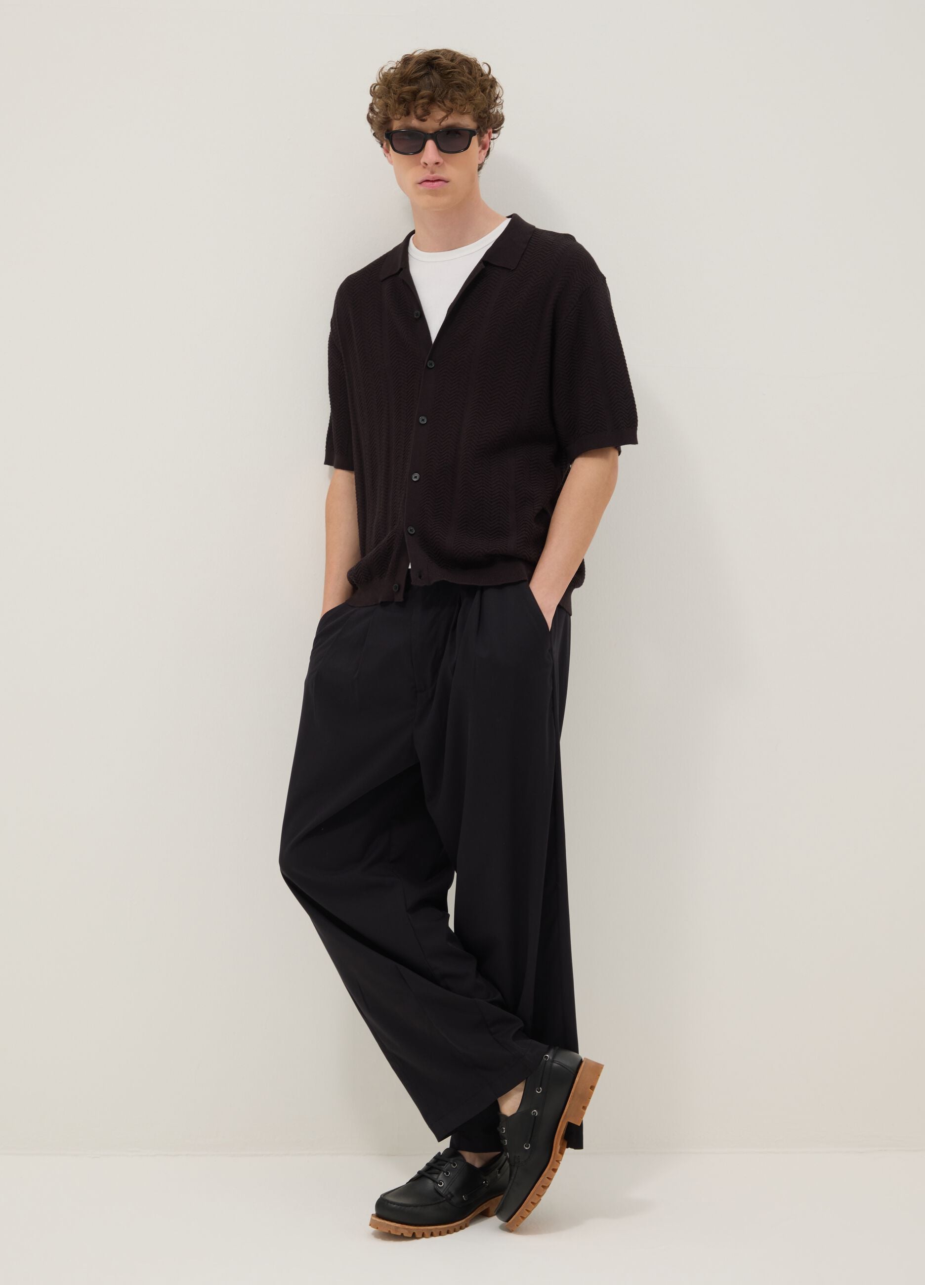 Brown pure cotton short-sleeve oversized shirt