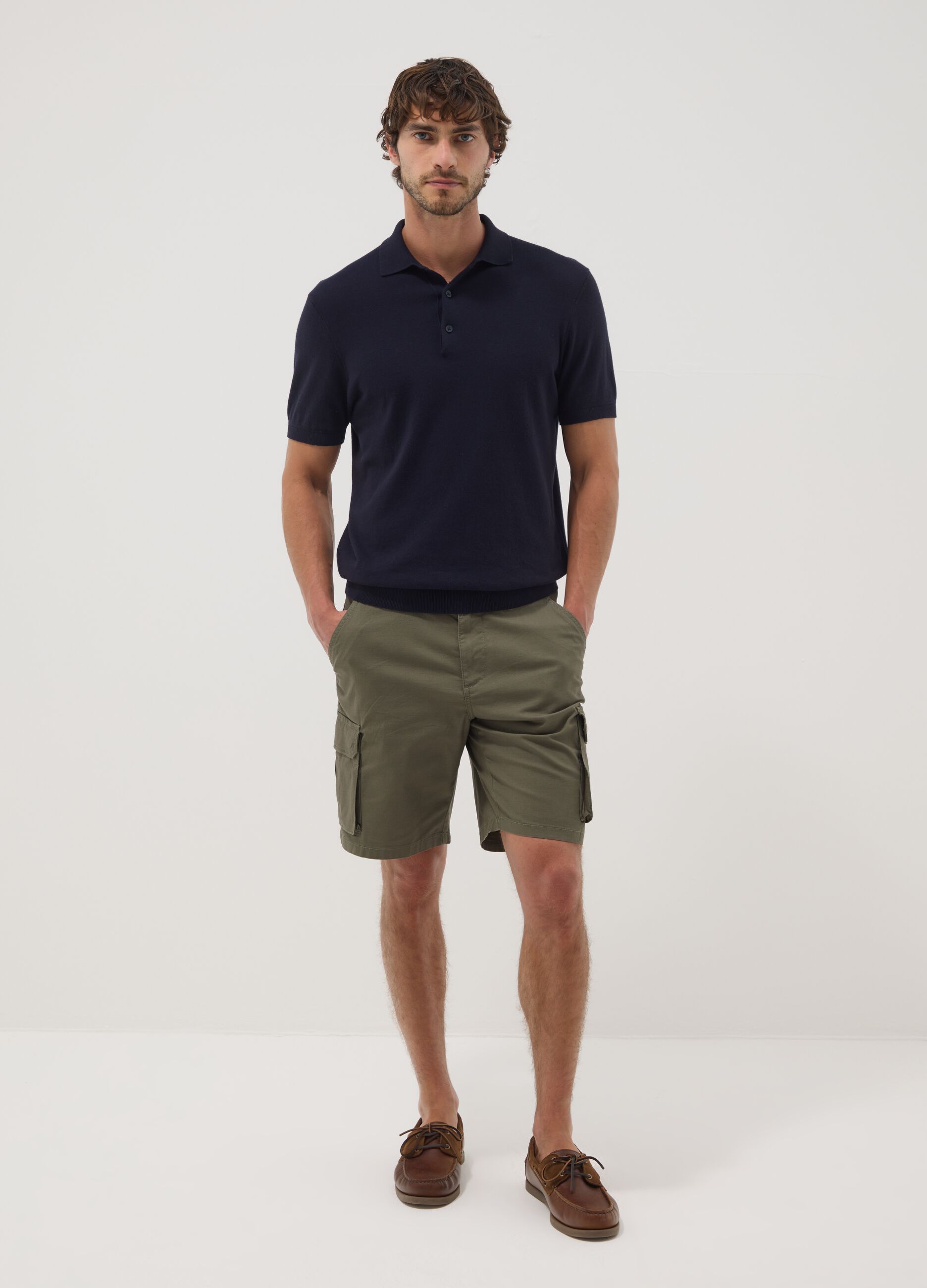 Green stretch cotton cargo Bermuda shorts
