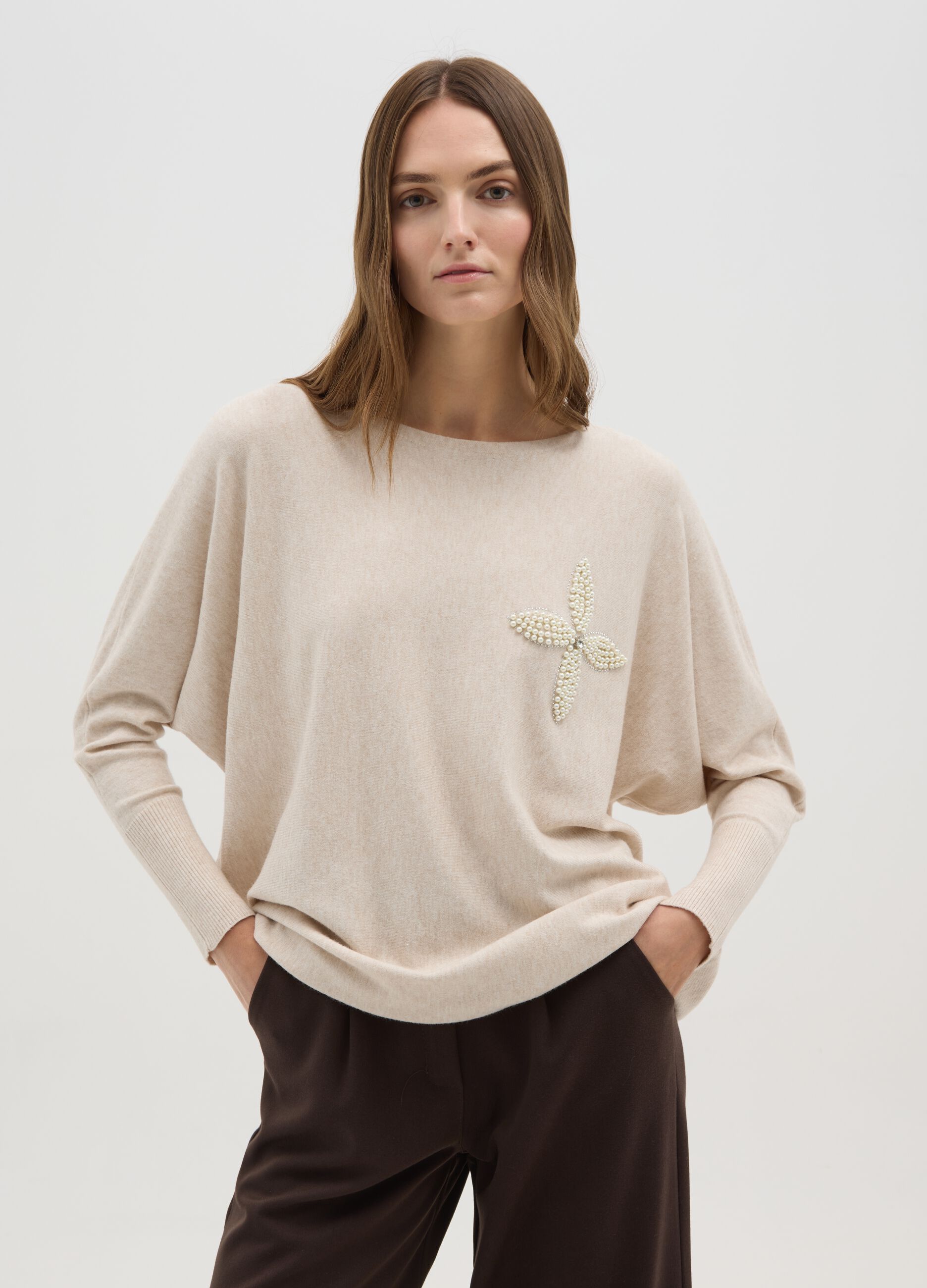 Beige Sweater with Bead Decoration