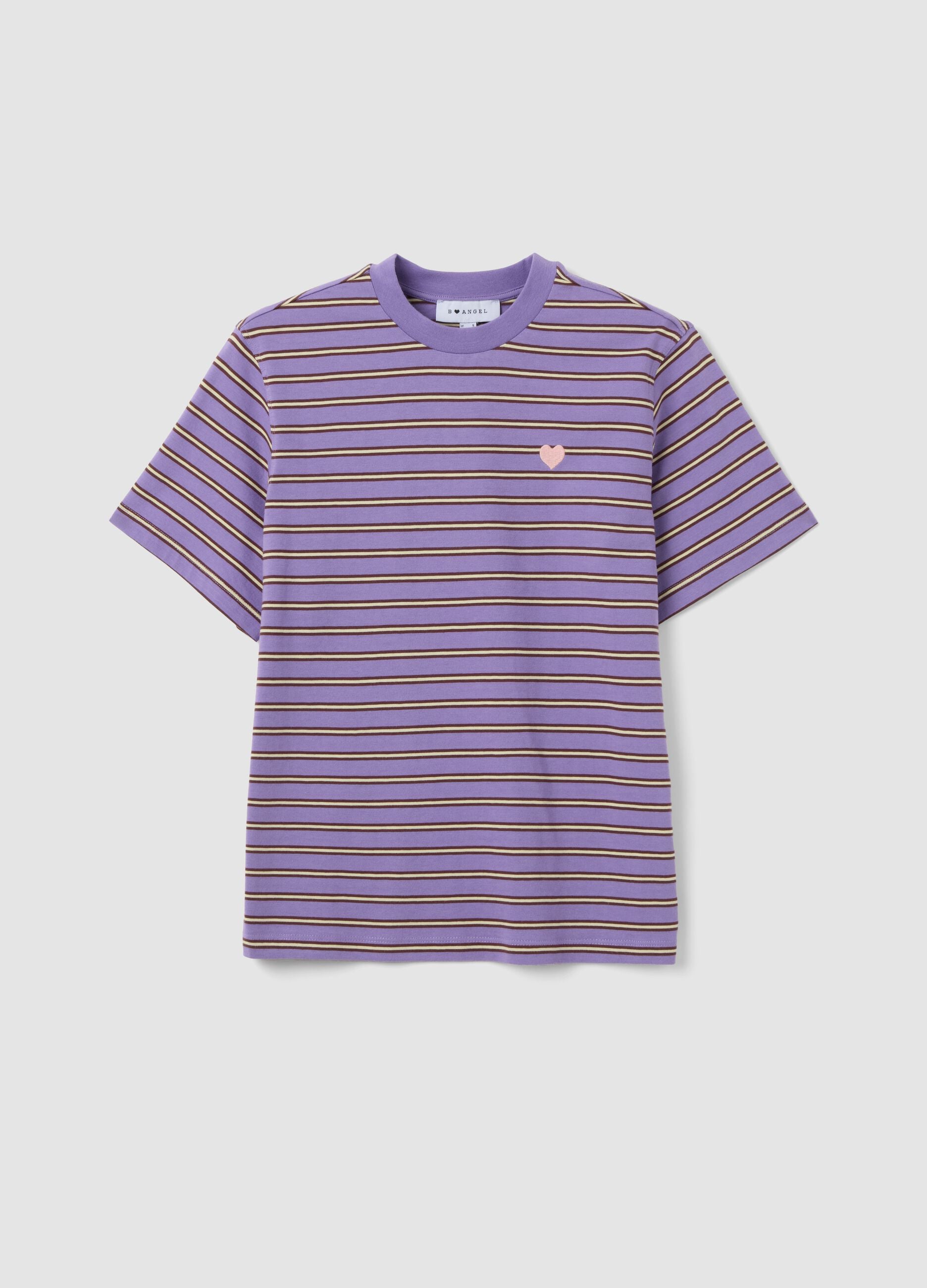 Purple relaxed-fit striped pure cotton T-shirt with embroidered heart