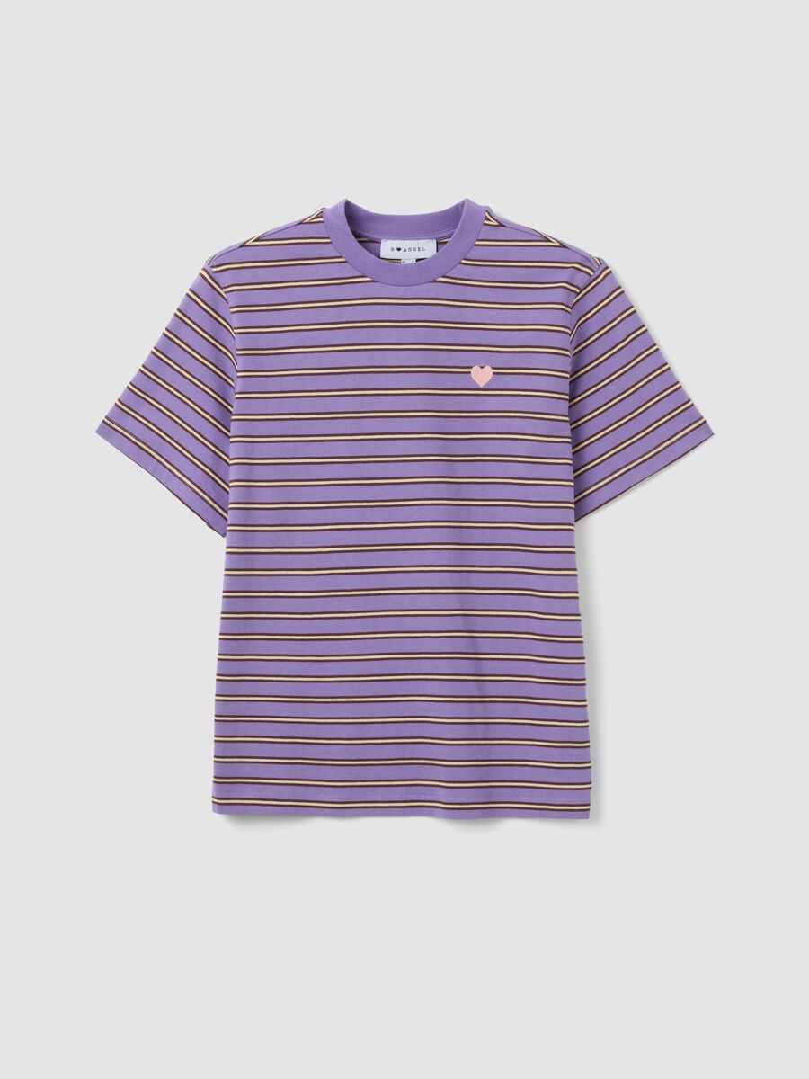 T-shirt viola relaxed fit a righe in puro cotone con ricamo cuore_4
