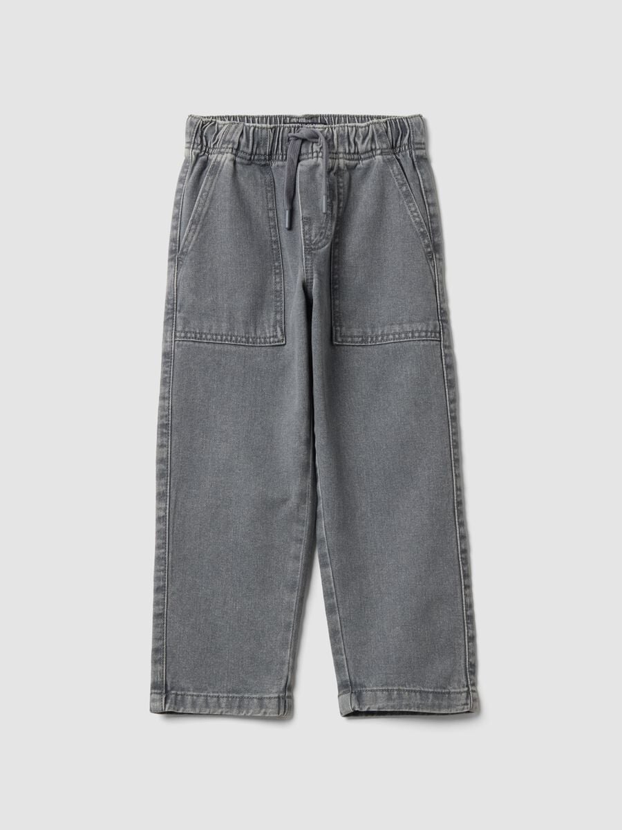 Jogger jeans grigi in puro cotone con vita elasticizzata relaxed fit per bambino_0